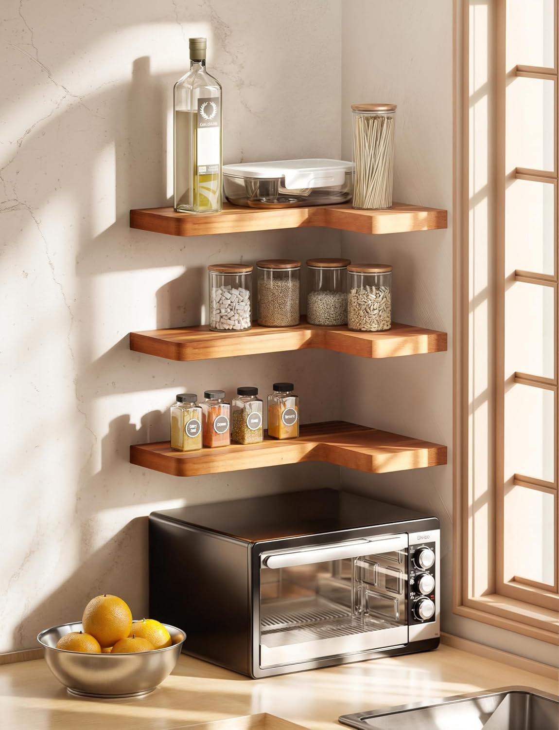 BATODA Acacia Wood Corner Floating Shelves 17" x 12"– Corner Shelf Wall Mounted - Floating Book Shelves for Wall - Brackets and Shelving Hardware Included for Kitchen, Living Room, Bathroom (Set 2) - Image 7