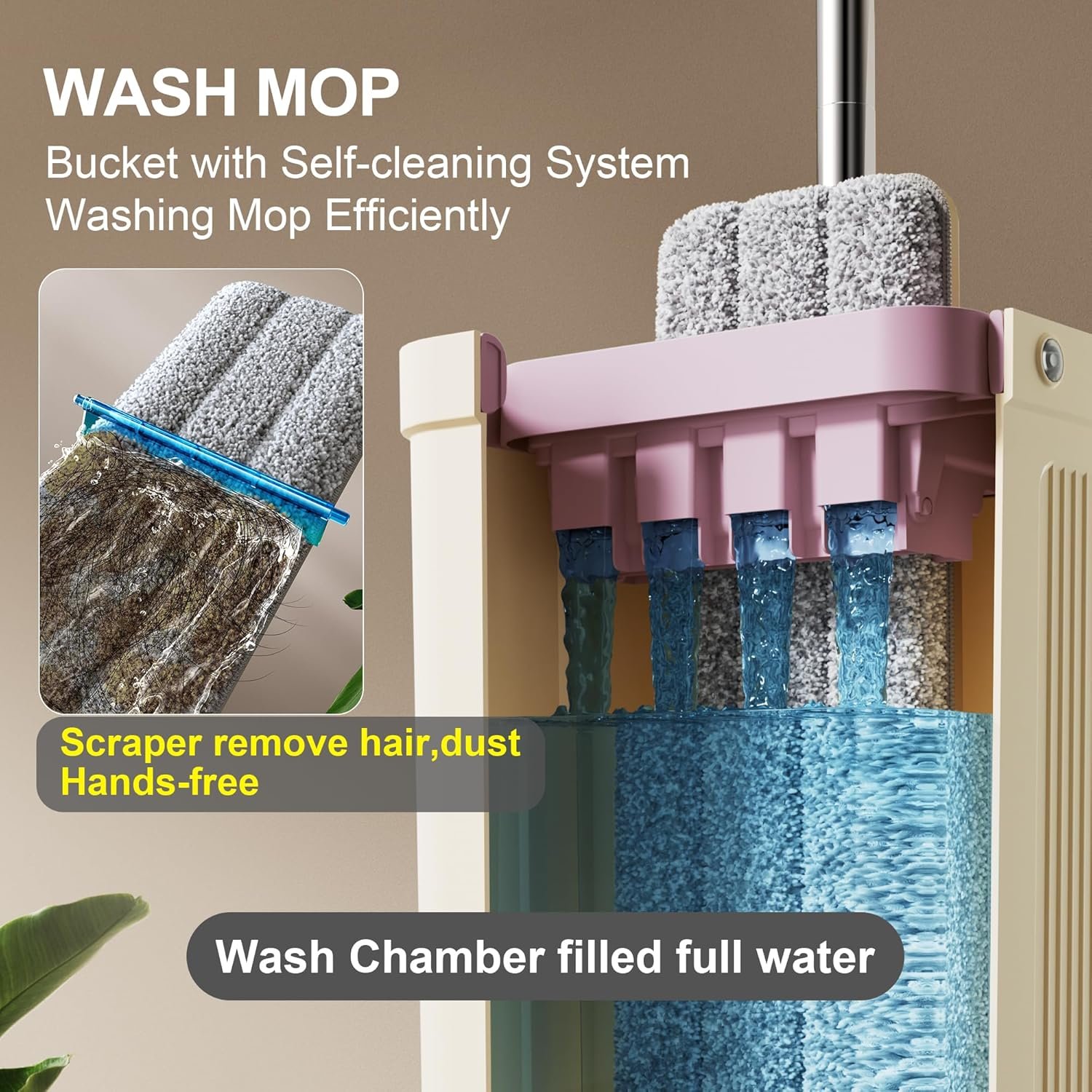 JOYMOOP Mop and Bucket Set (Beige & Blush Brown) with Extension Handle, Ideal for Floor, Window, and Wall Cleaning - Includes 5 Washable Microfiber Pads for Wet and Dry Use - Image 4