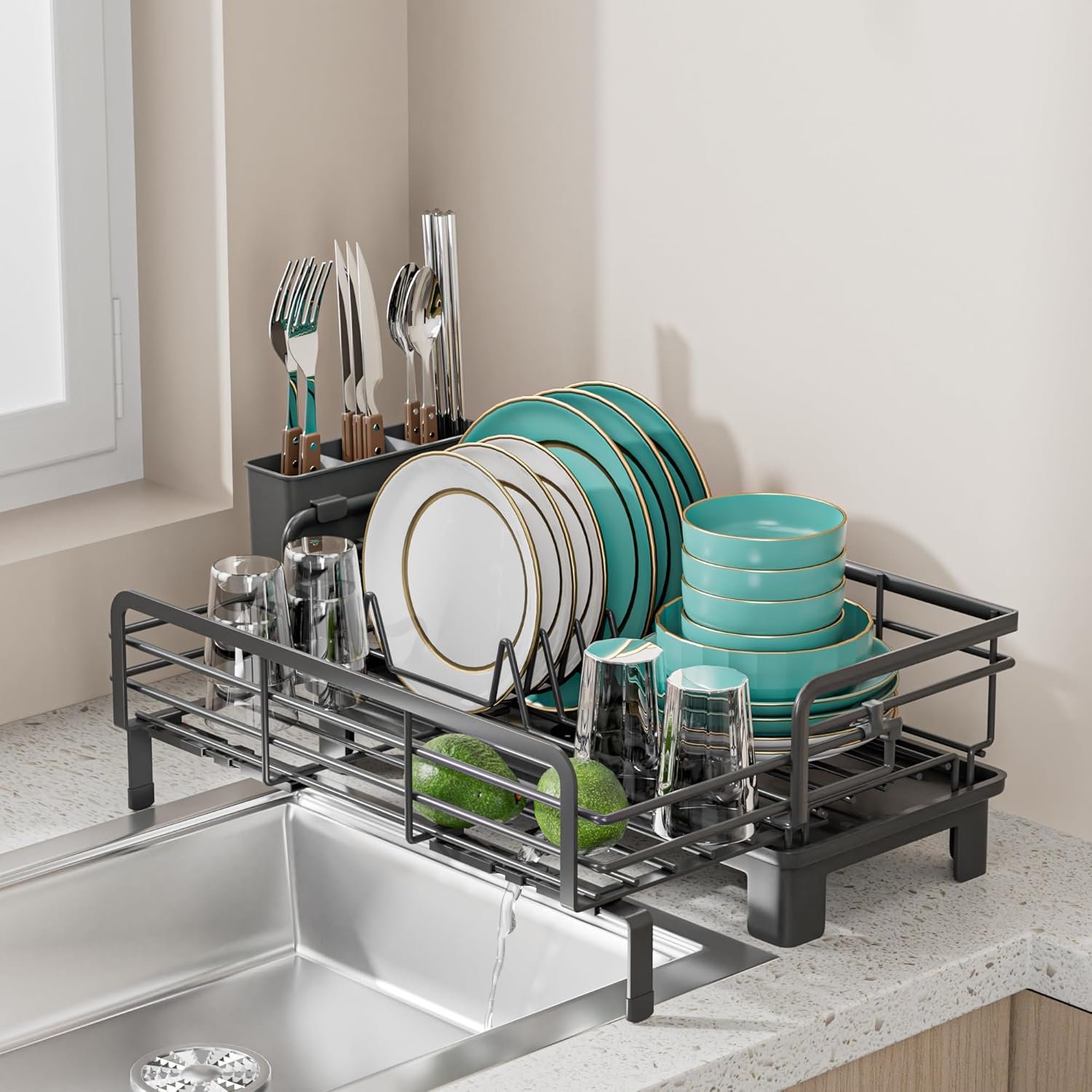 Small Dish Drying Rack - Extendable Dish Rack for Kitchen Counter, Rustproof Dish Drainers with Utensil Holder, Perfect for Apartments, RVs and Small Spaces,16.5" D x 7.5"-12.5" W x 6.5" H - Image 9