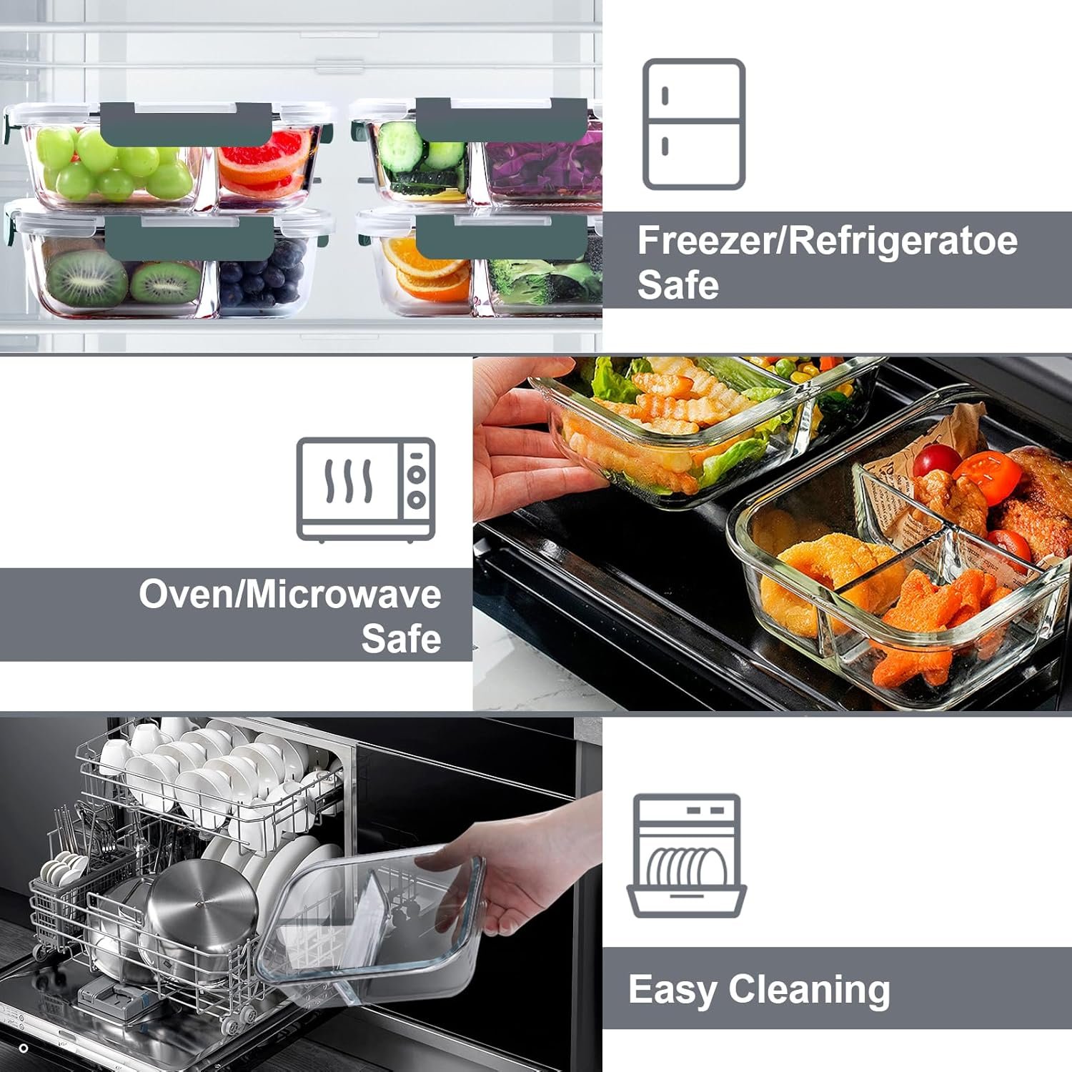 VERONES 5 Pack Glass Meal Prep Containers 3 Compartment Set, 36OZ Airtight Glass Lunch Containers, Glass Food Storage Containers with Lids, for Microwave, Oven, Freezer & Dishwasher Friendly,Grey - Image 4