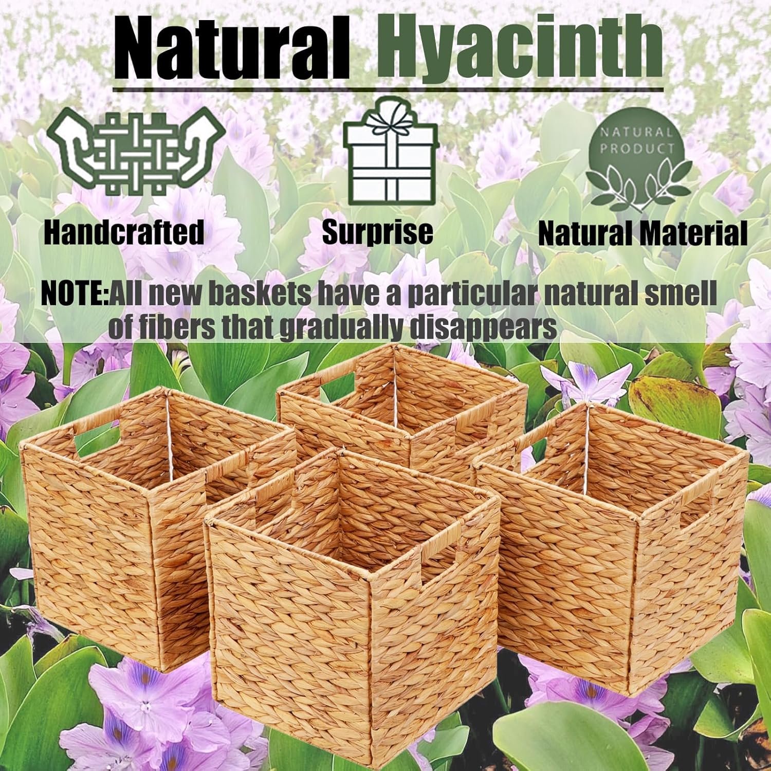Storage Baskets 11x11inch Cube Baskets 4 pcs Baskets,Foldable Handwoven Water Hyacinth Laundry Organizer,Cube Storage Baskets - Image 6