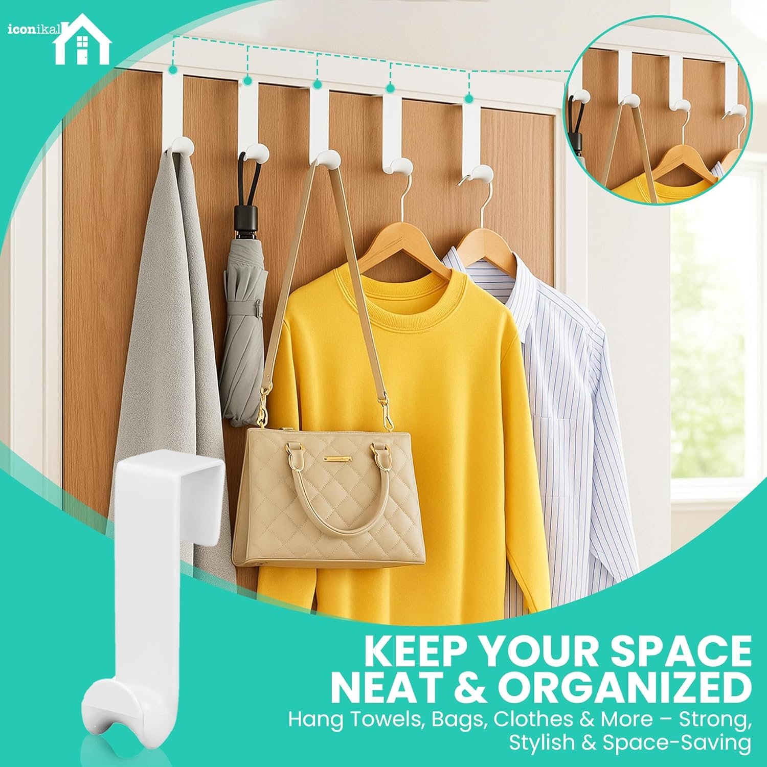 Iconikal 6-Pack Over The Door Hooks Plastic White Valet Hanger for Coats Towels Robes Bags Bathroom Bedroom Closet Organizer No Tools Bulk Pack - Image 8