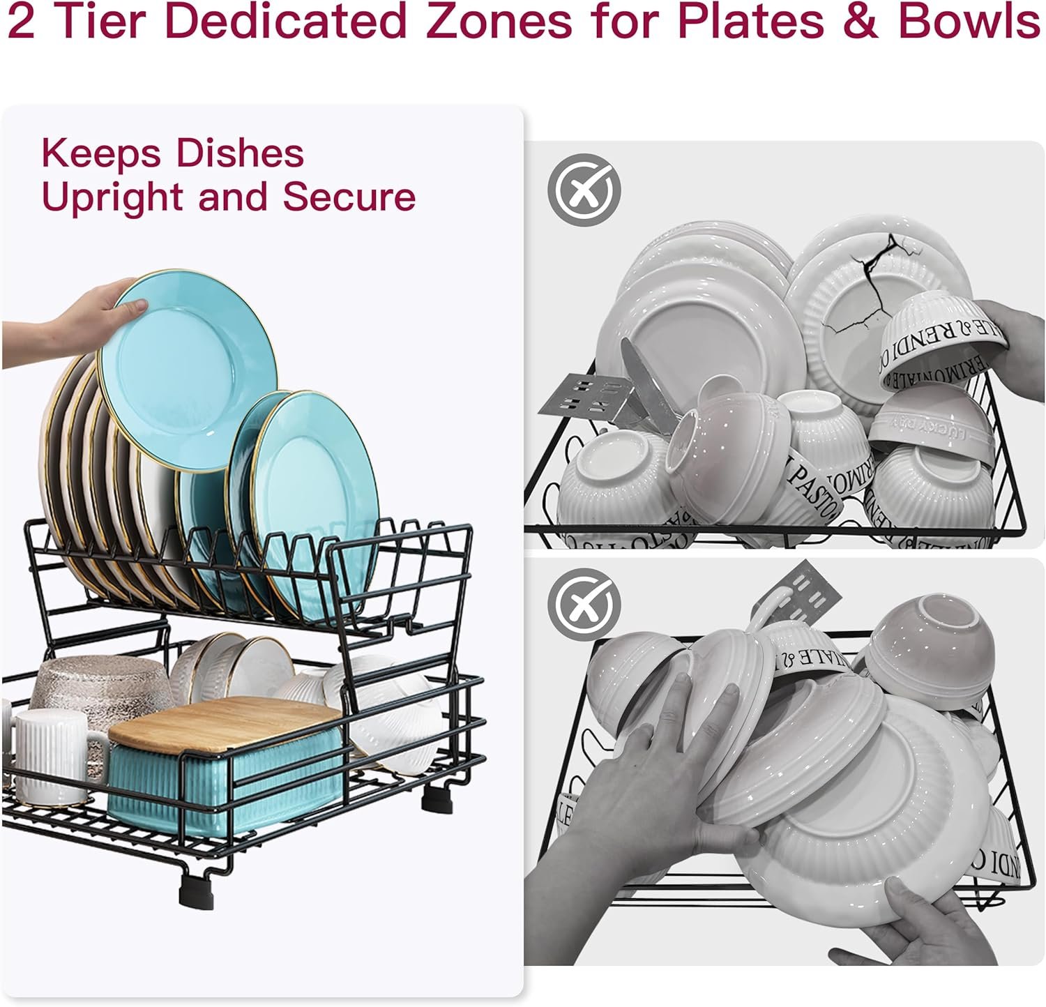 BOOSINY 2 Tier Black Large Stainless Steel Dish Drainers Drying Rack for Kitchen Counter with Drainboard, Rust Proof Metal, Space Saving, Modern Aesthetic, Compact Plates Strainers with Extra Mat - Image 4