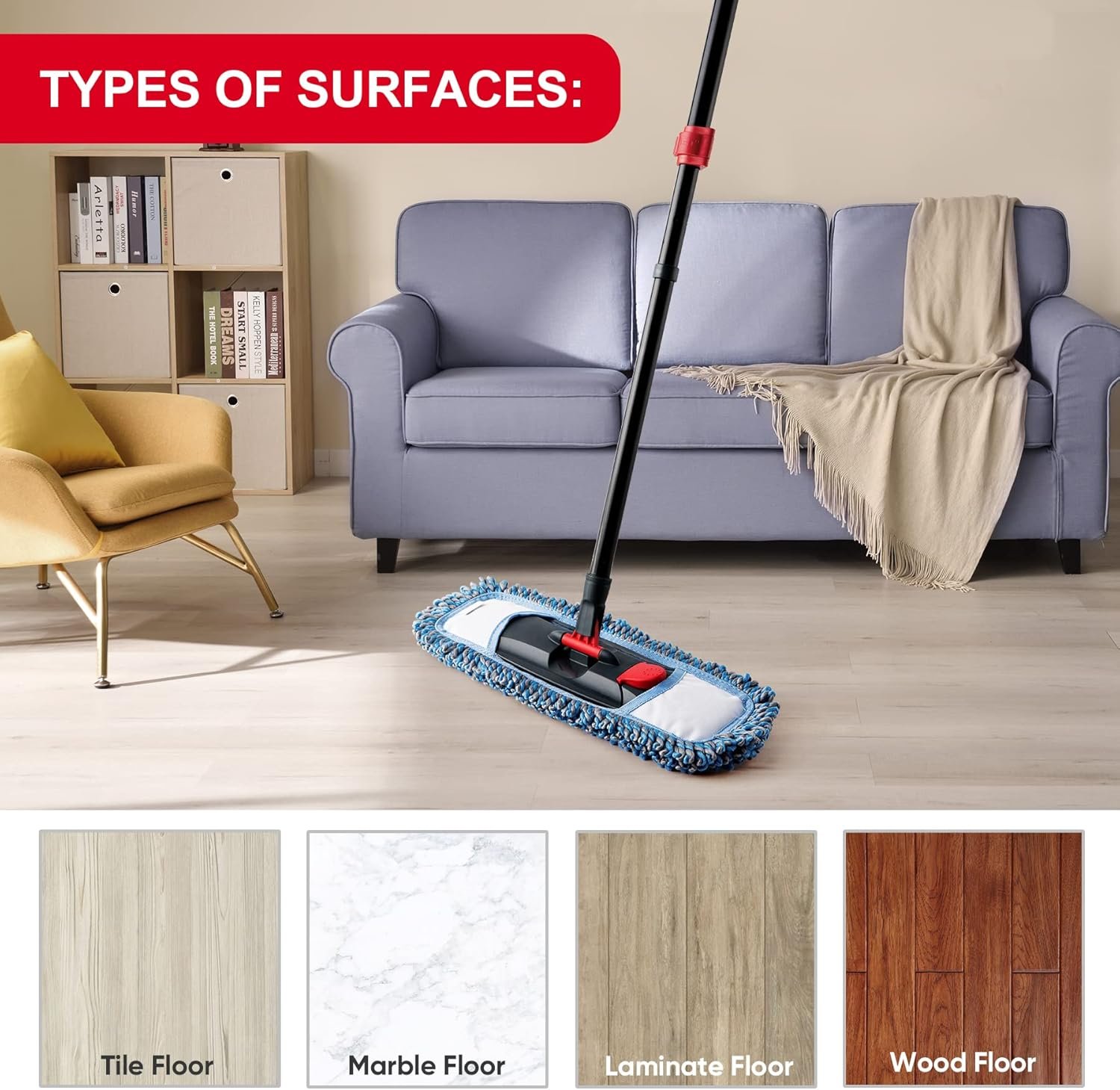 Dust Mop for Floor Cleaning Microfiber Professional Dry & Wet Flat Mops for Tile Floors with a Extra Chenille Refill Mopping Pad for Hardwood,Tile,Marble Floor - Image 8