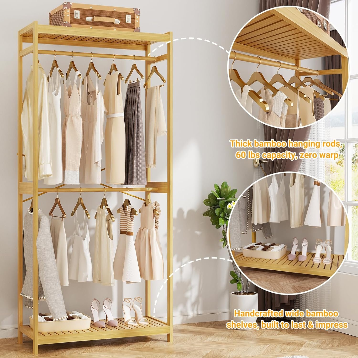 Homykic Bamboo Clothes Rack with Shelves and Double Hang Rods, Portable Closet System Garment Rack for Hanging Clothes, Tall Clothing Rack Corner Closet Organizer, Easy to Built, Natural - Image 7
