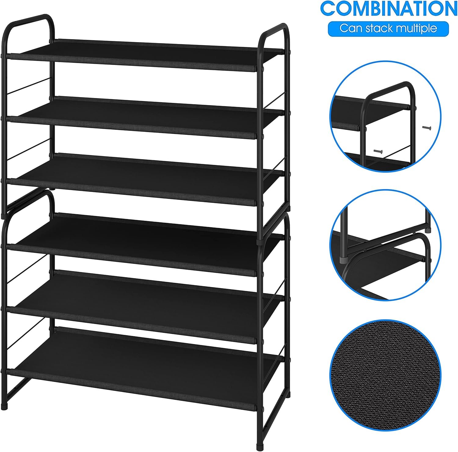 Simple Trending 3 Tier Stackable Shoe Rack, Expandable Adjustable Fabric Shoe Shelf Storage Organizer, Black - Image 5