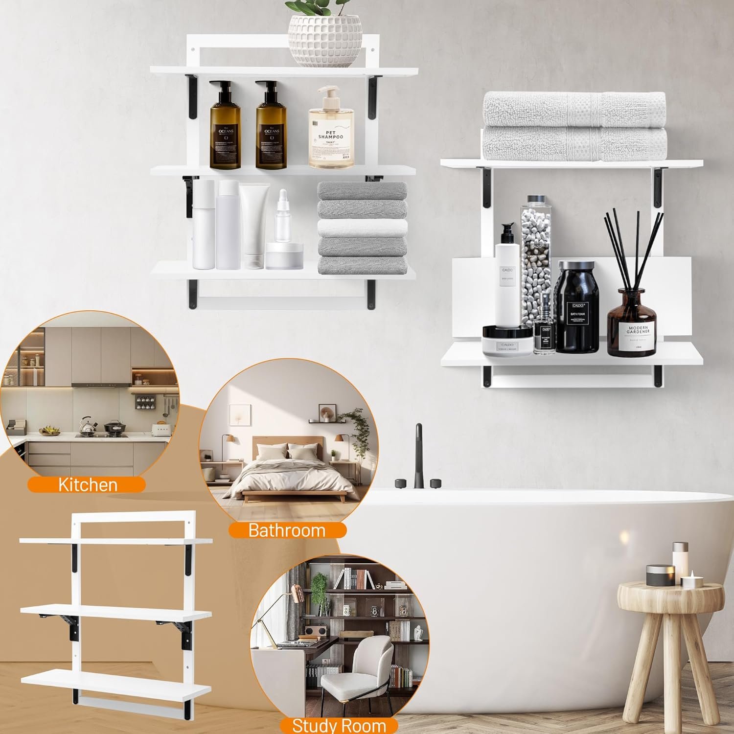 24-Inch Floating Shelves for Wall,3-Tier Wooden Wall Mounted Kitchen Shelves with Foldable Brackets,Hanging Wall Shelves for Living Room, Coffee Bar,Bedroom, Bathroom,Classic White - Image 9