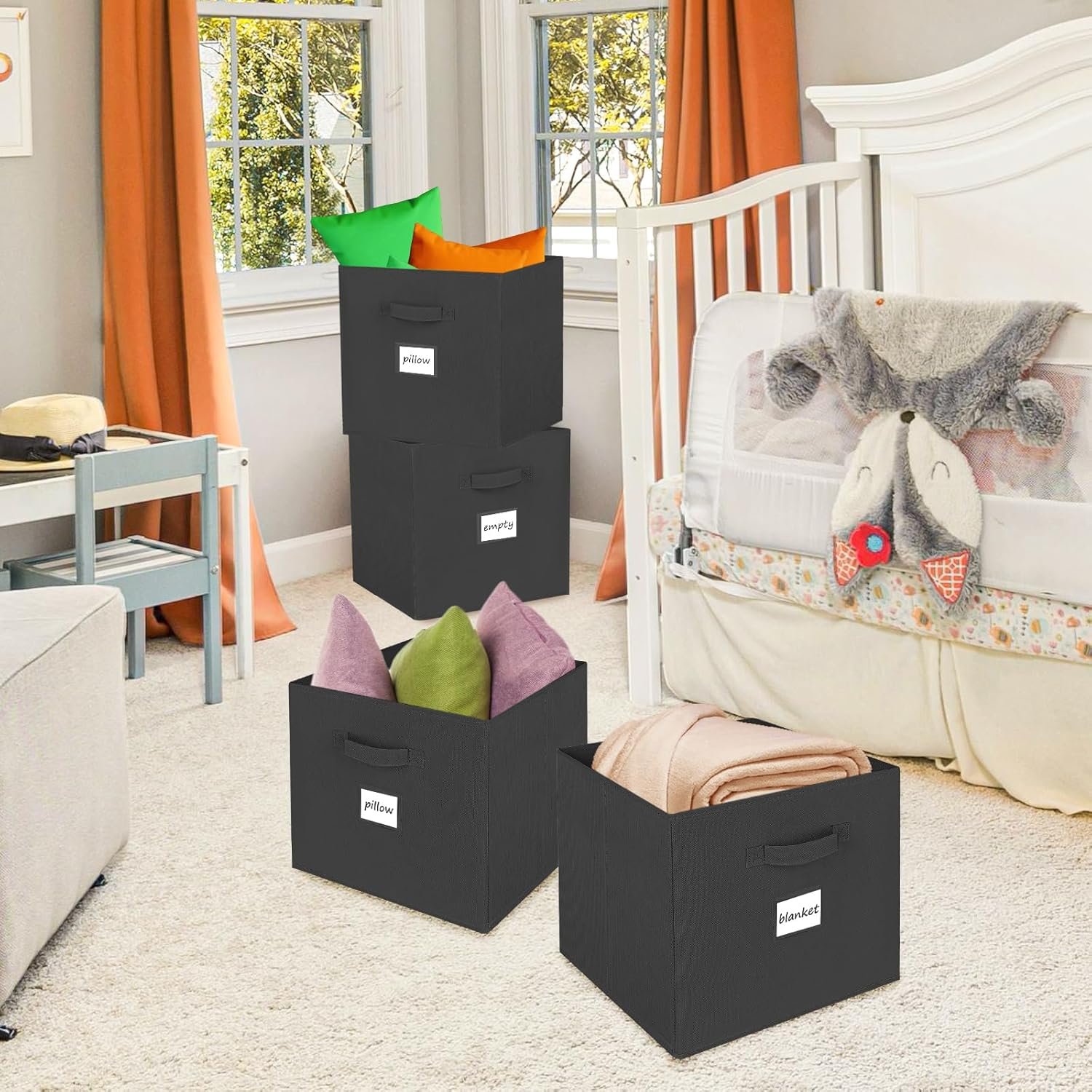 13x13x13 Storage Cubes Bins 6 Pack, Collapsible Fabric Storage Bins with Fabric Handle, Simple Cubical Storage Boxes for Cube Organizer, Shelf and Closet Storage (Black) - Image 7