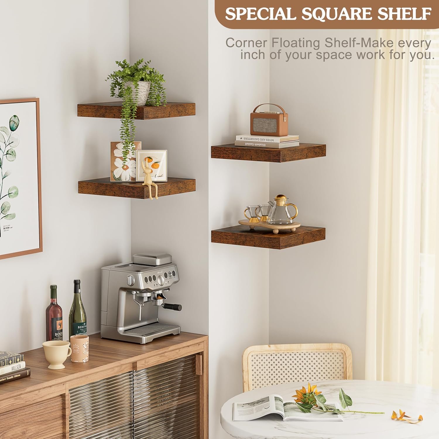 Olakee Corner Floating Shelf Set of 4, 9.84’’ Rustic Wood Wall Mounted Corner Shelf for Bathroom, Bedroom, Kitchen, Living Room, Farmhouse, Office-Heavy Duty Floating Shelves – Carbonized Black - Image 5