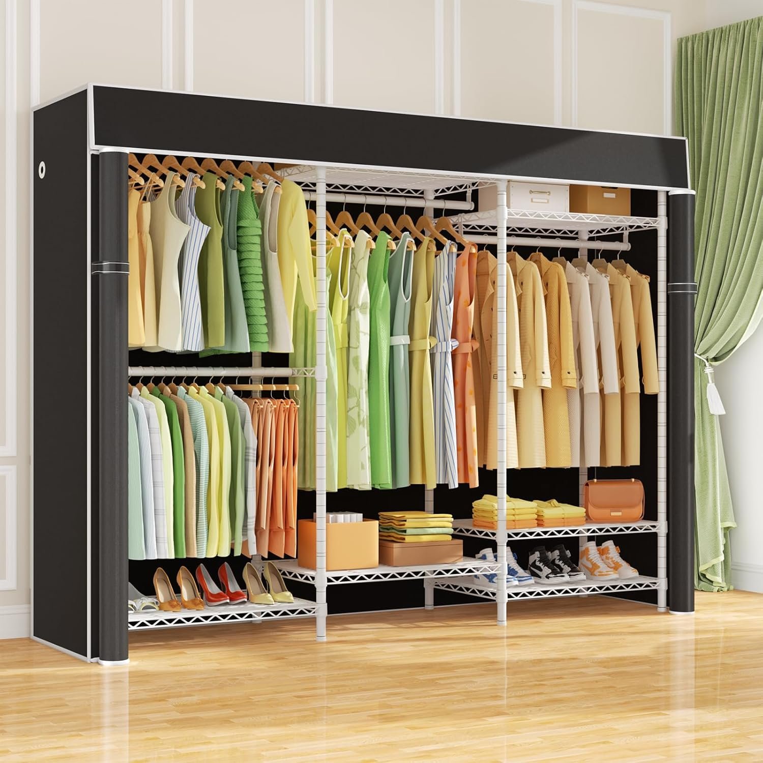 Ulif E13C Heavy Duty Closet Organizer System,Freestanding Clothing Racks for Hanging Clothes,Adjustable Garment Rack 63" W x 16" D x 77" H Hold 960 lbs,White Clothing Rack with Black Dustproof Cover - Image 10