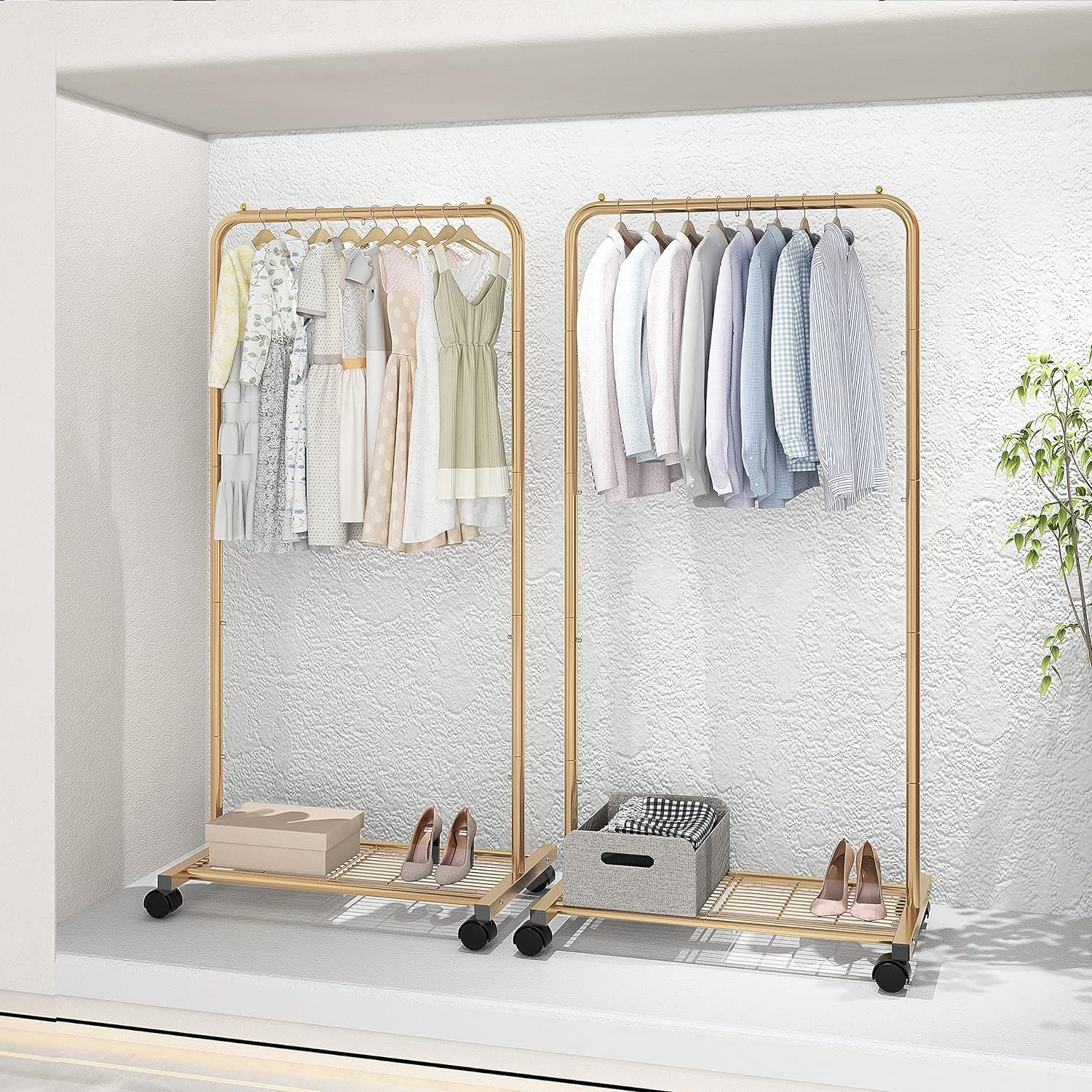 Simple Trending Standard Clothes Garment Rack, Clothing Rolling Rack with Mesh Storage Shelf on Wheels, Golden Yellow - Image 8
