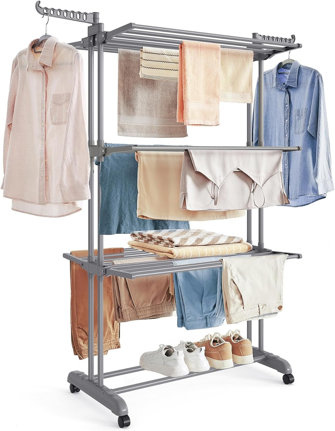 SONGMICS Clothes Drying Rack Stand 4-Tier, Foldable Laundry Drying Rack 68.1-Inch Tall, Steel, Rolling Clothes Horses Dryer Rack, Easy to Assemble, Indoor Outdoor Use, Dove Gray ULLR701G01 - Image 2