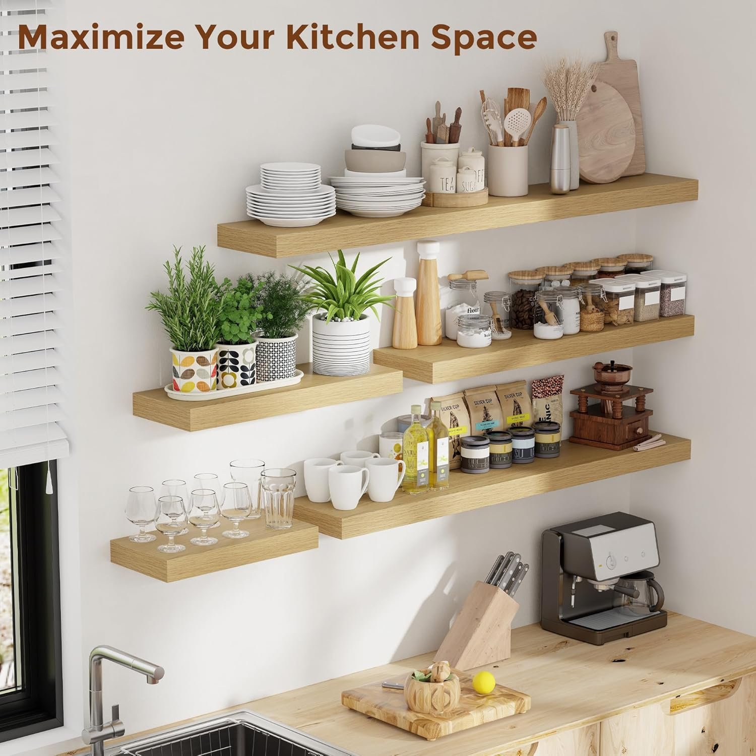 Heimlove 24 Inch Floating Shelves for Wall Oak Shelves Set of 2,Wall Mounted Rustic Wood 8 Inch Deep Floating Shelf with Invisible Brackets for Bedroom Kitchen Living Room - Image 8