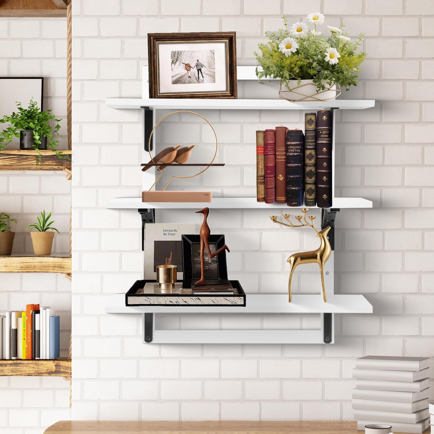 24-Inch Floating Shelves for Wall,3-Tier Wooden Wall Mounted Kitchen Shelves with Foldable Brackets,Hanging Wall Shelves for Living Room, Coffee Bar,Bedroom, Bathroom,Classic White - Image 3