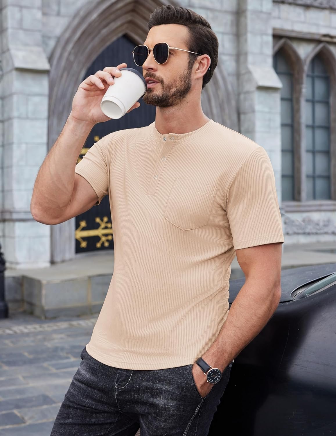 COOFANDY Mens Henley Shirts Short Sleeve Tshirt Basic Button Tees Summer Ribbed Pocket T Shirt Casual Stretch Tops - Image 4