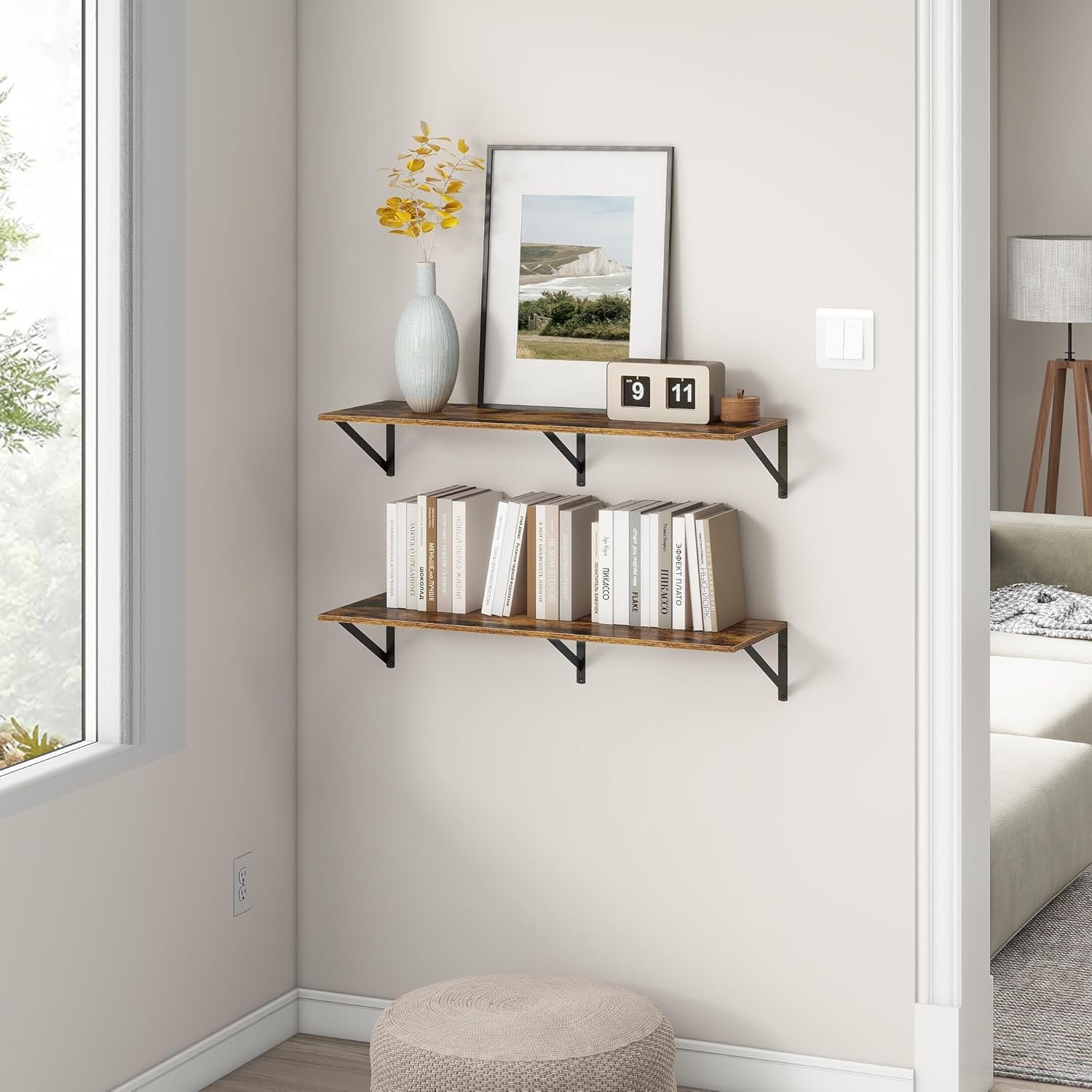 36"W x 12"D Floating Shelves, Deep Floating Shelves with Brackets, 12 Inch Deep Wall Shelves for Books, Wide Display Storage Shelves for Bathroom, Living Room, 36 Inch Long, Rustic Brown, Set of 2 - Image 3