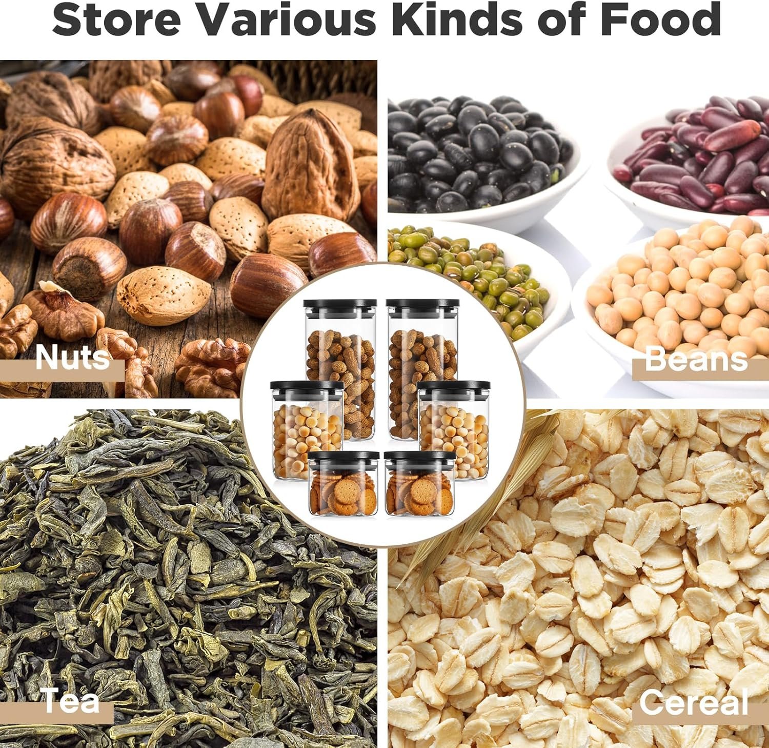 Rtteri 6 Pcs Glass Jars with Black Lids 15oz 27oz 41oz Canisters with Black Airtight Lids Stackable Glass Food Storage Containers Pantry Storage Jars PP Material Airtight - Image 4