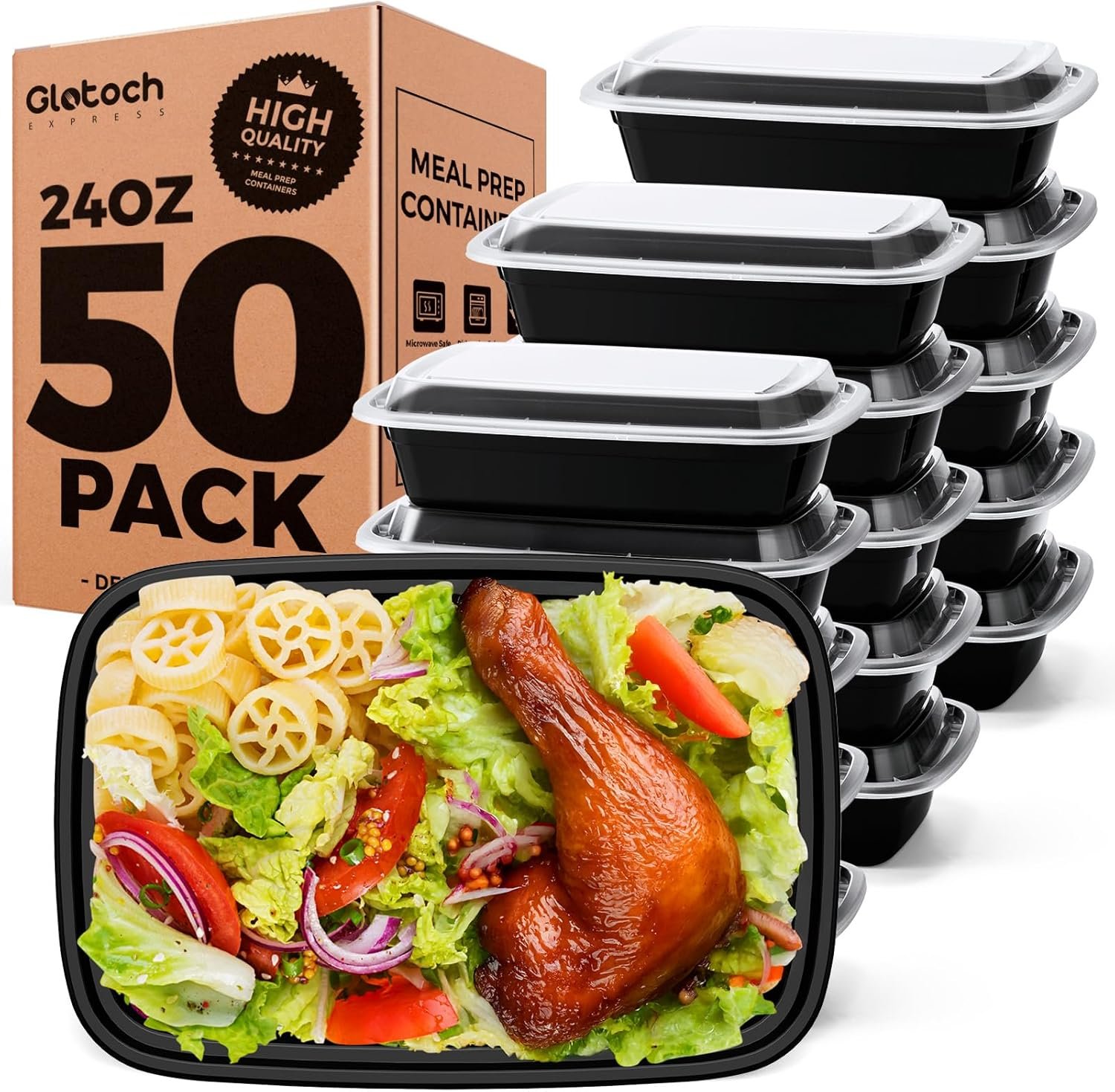 100-Piece (50-Pack) 24 OZ Meal Prep Containers Reusable with Lids, Sturdy Leakproof & Food Safe, Microwave, Freezer, Dishwasher Safe To Go Food Containers, Plastic Take Out Containers, Black - Image 2