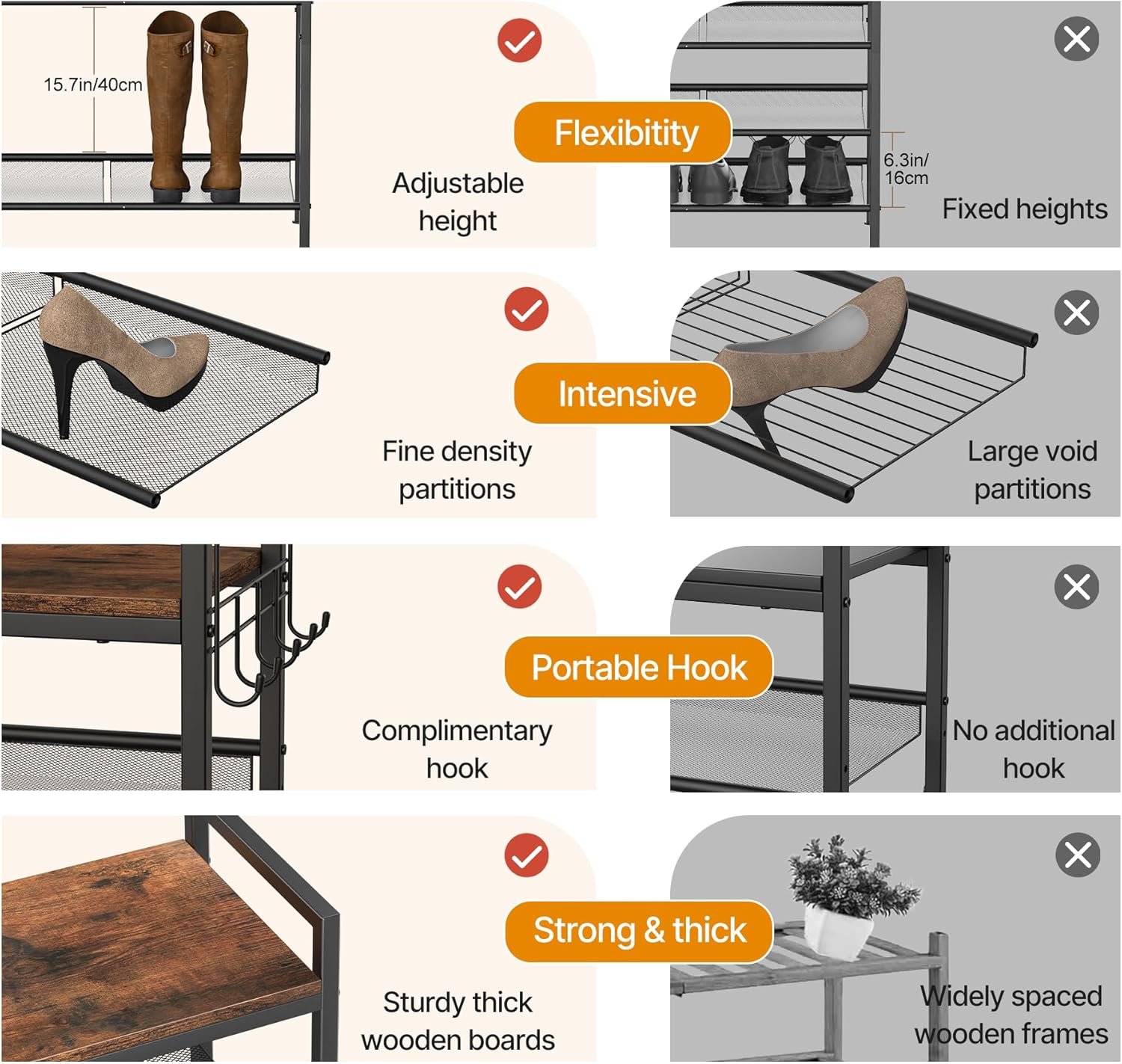 5 Tier Shoe Rack, Shoe Rack for Front Door Entrance with Hook, Shoe Organizer with Adjustable Mesh Shelves, Metal Shoes Rack for Entryway, Closet, Bedroom Living Room Garage - Image 6
