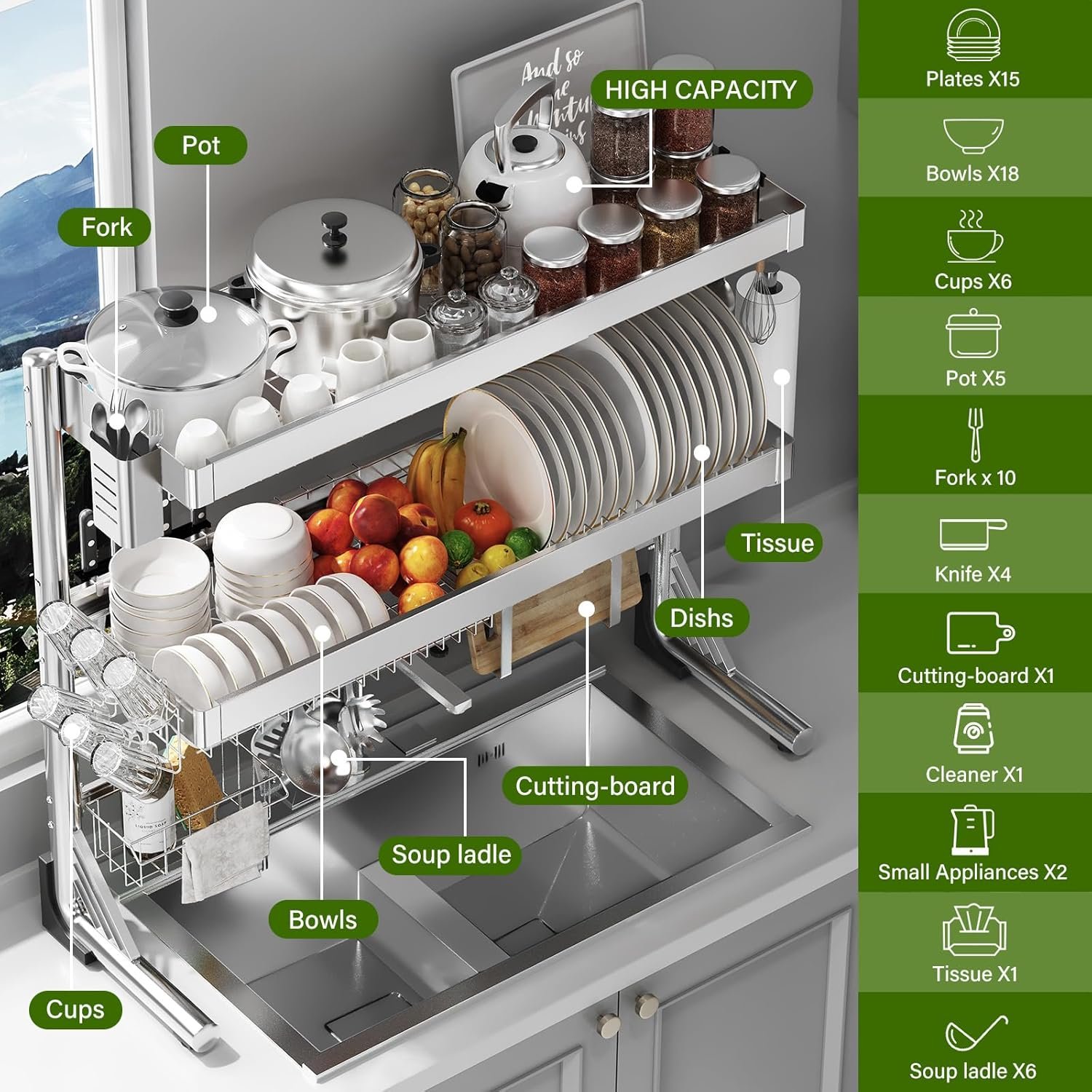 Over The Sink Dish Drainer Drying Rack 3 Tier, Full Stainless Steel Dish Drying Rack Adjustable Length 20.9''-37.4'', Kitchen Sink Shelf, Organized Space-Saving Dish Rack - Image 3