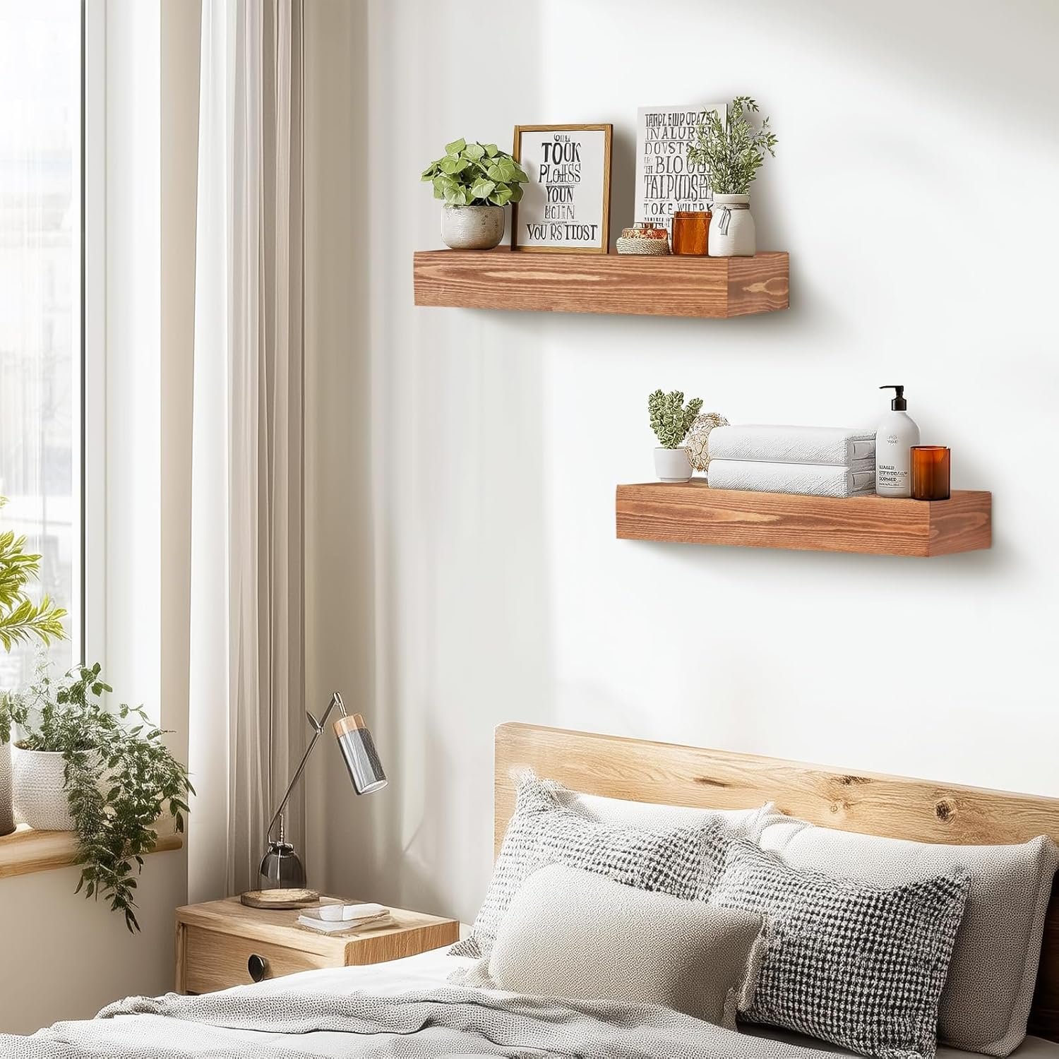 17x3x7 inch Floating Shelves Wall Mounted - Set of 2 Wood Rustic Solid Wood Wall Shelf - Heavy Duty Decorative Fireplace Mantel for Living Room, Bedroom, Bathroom, Kitchen - Image 5