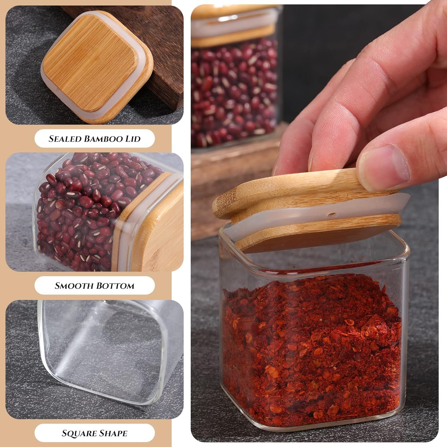 Nuenen Set of 24 Airtight Square Spice Containers 4 oz Glass Spice Jars with Bamboo Lid Small Seasoning Jars Empty Food Storage Containers for Pantry Clear Food Canisters for Kitchen Sugar Coffee - Image 4