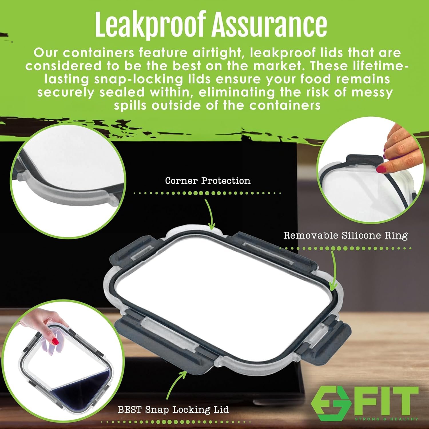 FIT Strong & Healthy Glass Meal Prep Containers, 2 & 3 Compartments – 32 oz Glass Containers with Lids, Food Storage with Black Lids, Oven & Freezer Safe, Leak-Proof Bento Box Adult, 4 Pack - Image 5