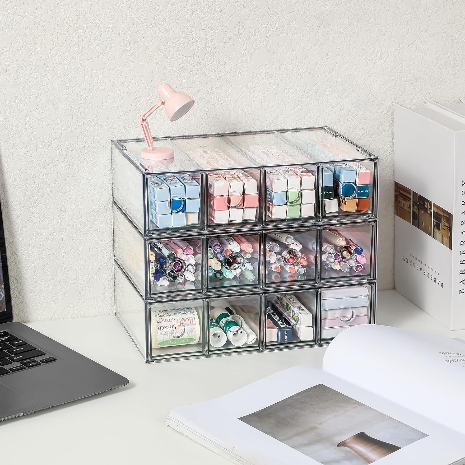 3-Pack Stackable Acrylic Storage Drawers, Desk Organizer Transparent Cosmetic Storage Boxes, 4 Compartment Design Suitable for Stationery, Dressing Table, Sunglasses, Jewelry Storage Organization - Image 5