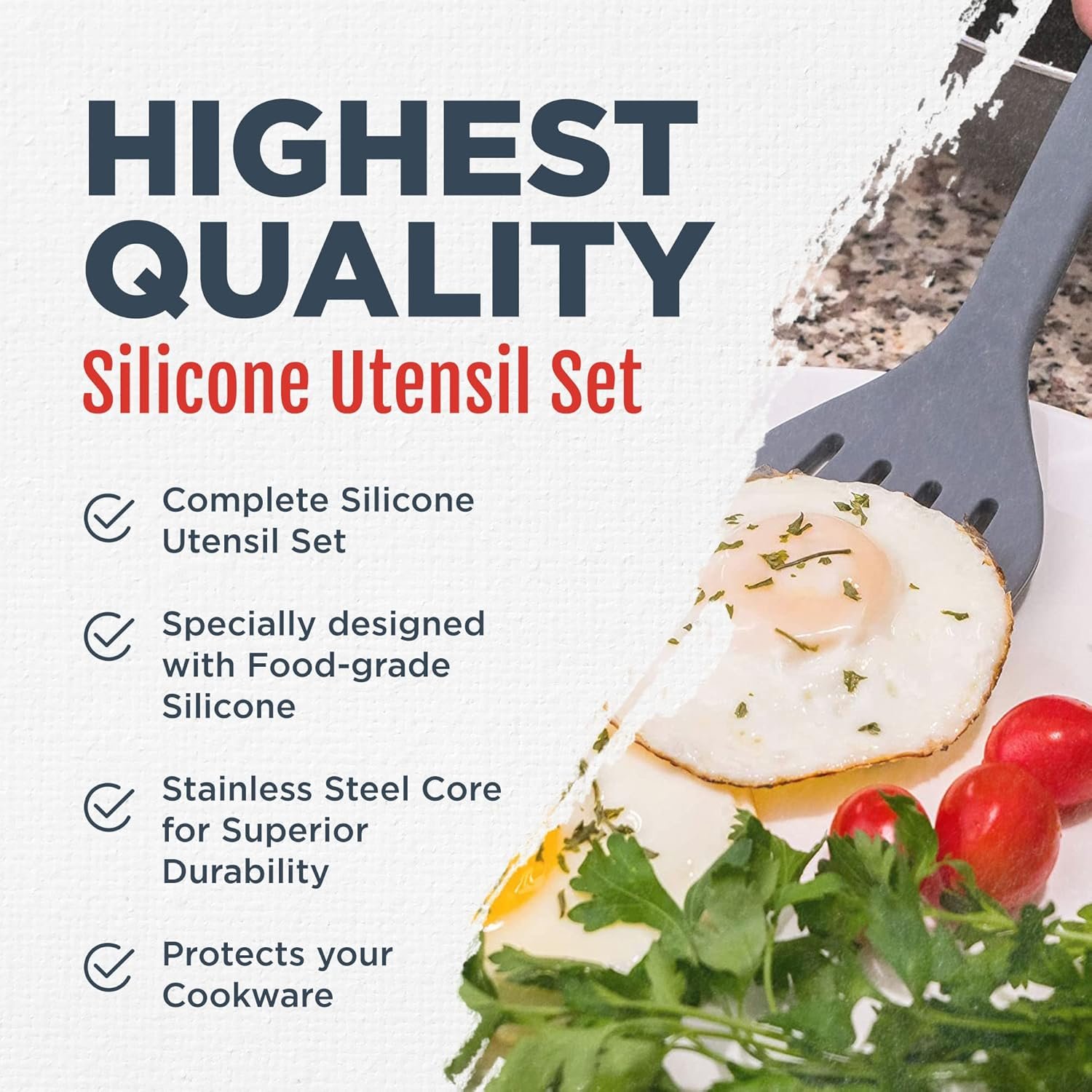 Culinary Couture Grey Silicone Kitchen Utensils Set of 6, Non-Stick Heat-Resistant Silicone Kitchen Utensils Set with Steel Inner Core - Image 2
