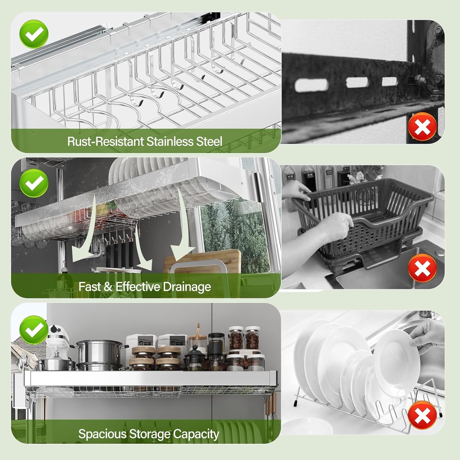 Over The Sink Dish Drainer Drying Rack 3 Tier, Full Stainless Steel Dish Drying Rack Adjustable Length 20.9''-37.4'', Kitchen Sink Shelf, Organized Space-Saving Dish Rack - Image 6