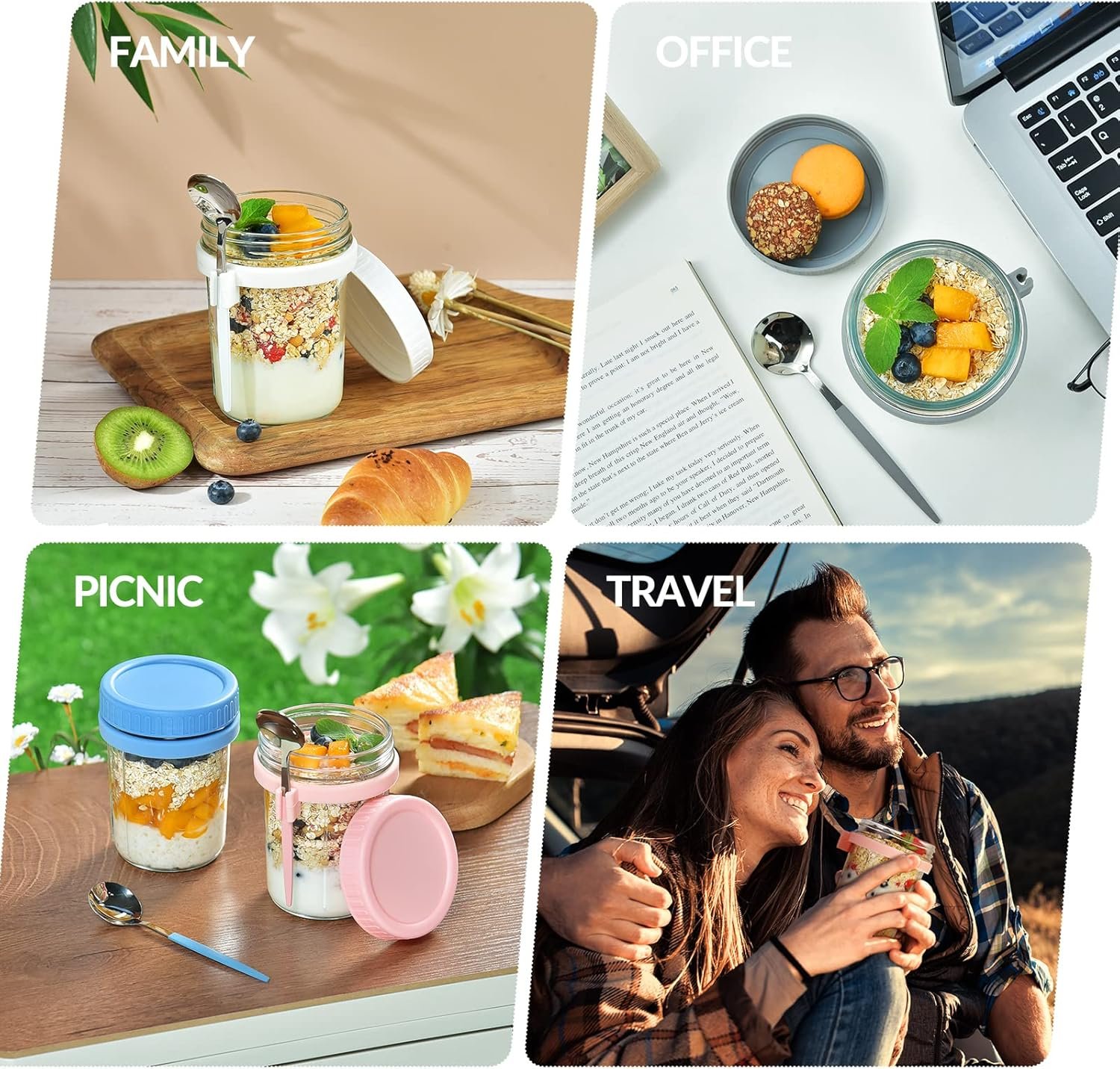 4 Pack Overnight Oats Containers with Lids and Spoons - DRKIO 16 Oz Glass Mason Jars for Overnight Oats Leak Proof Oatmeal Container Great for Cereal Fruit Vegetable Milk Salad Yogurt Meal Prep - Image 8