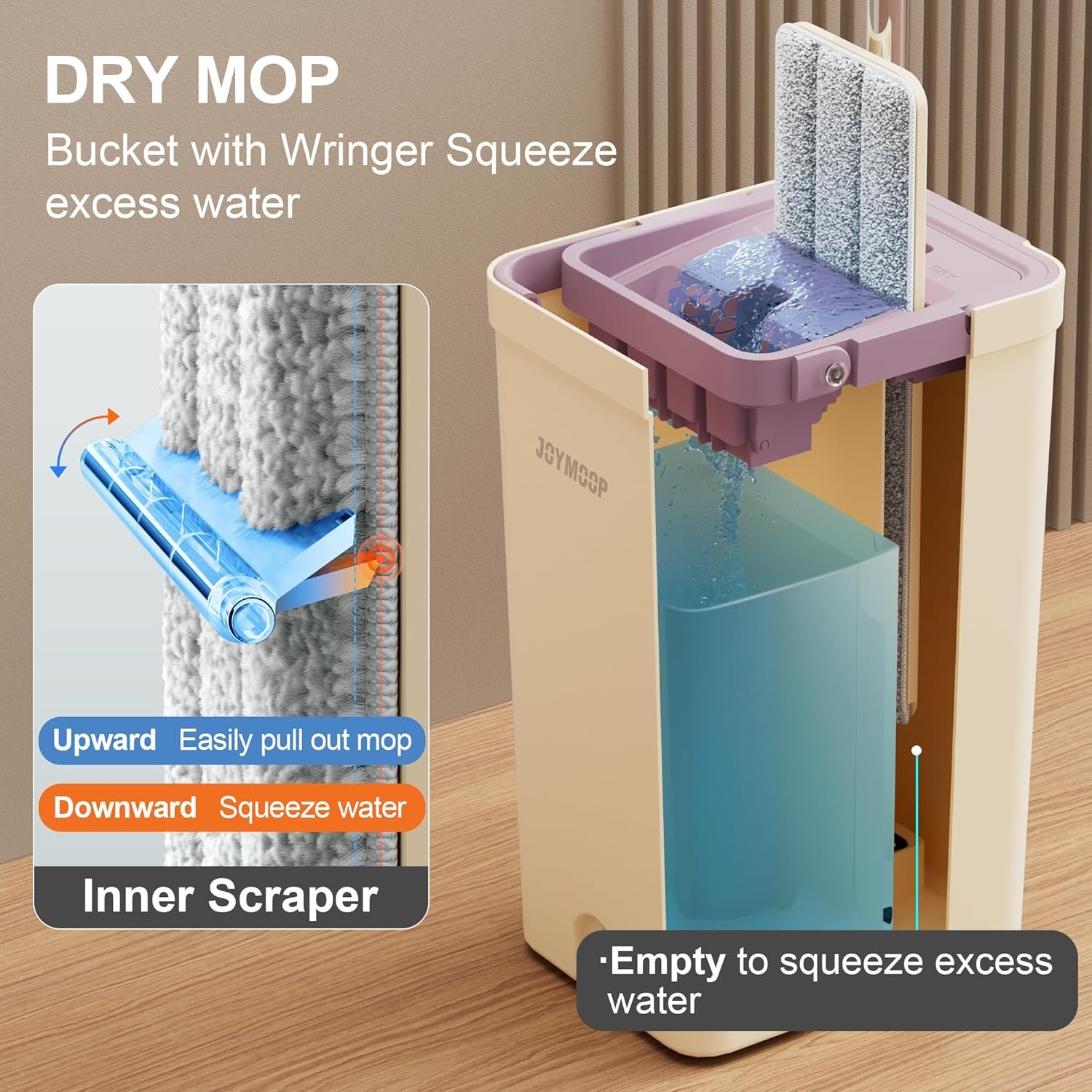 JOYMOOP Mop and Bucket Set (Beige & Blush Brown) with Extension Handle, Ideal for Floor, Window, and Wall Cleaning - Includes 5 Washable Microfiber Pads for Wet and Dry Use - Image 3