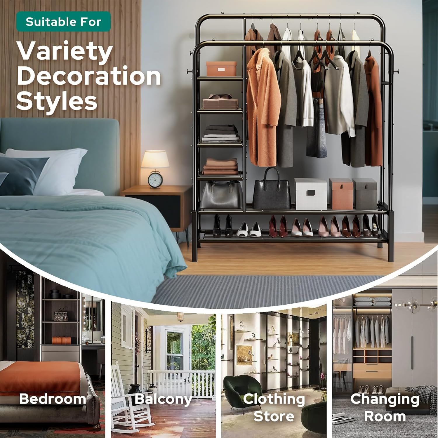 Clothes Rack, Double Rods Clothing Rack with 2 Bottom Shelves & 4 Side Shelves, Metal Garment Rack for Hanging Clothes, Heavy Duty Clothes Rack for Bedroom, Laundry, Living Room, Black - Image 7