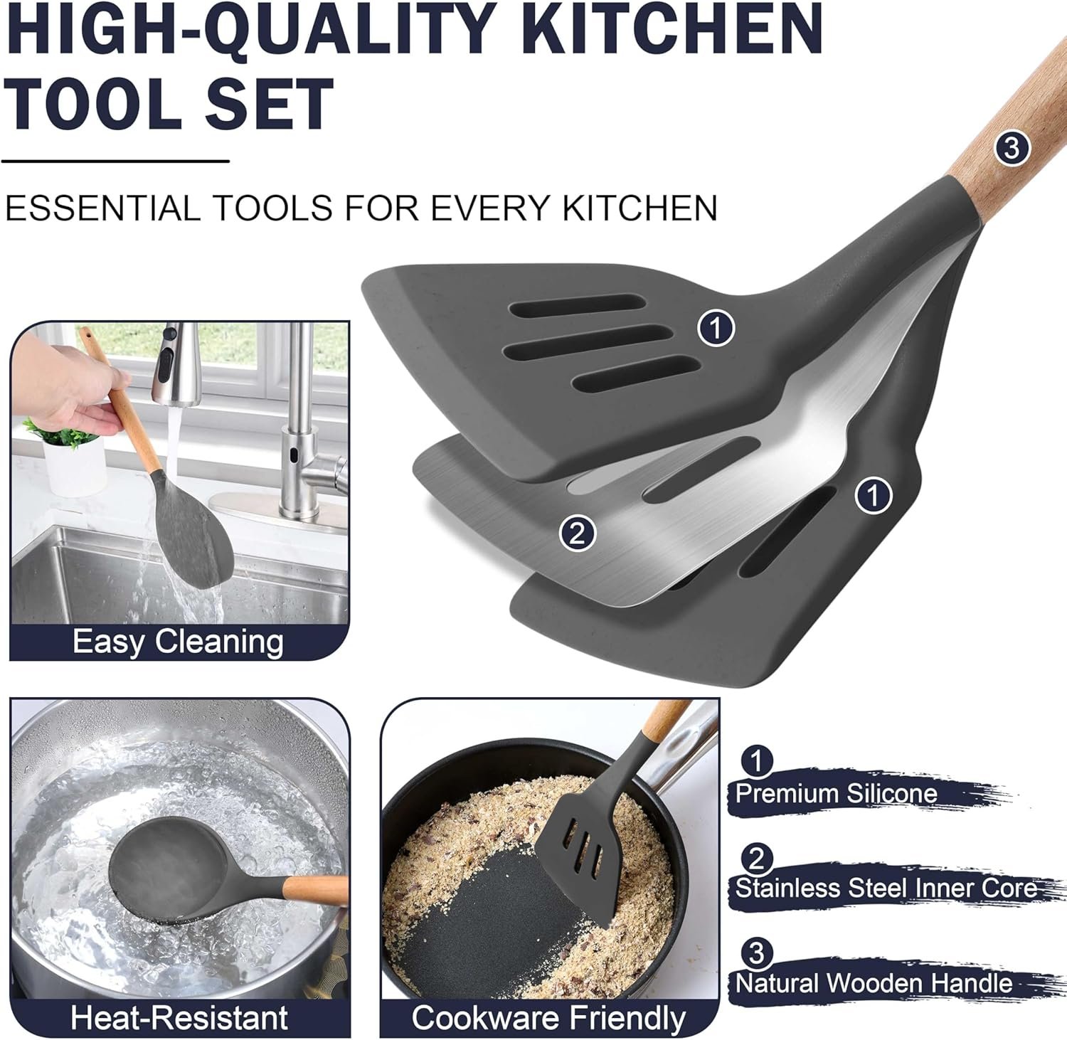 Herogo 8 Pcs Heat-Resistant Silicone Kitchen Utensils Set, Non-Stick Food-Grade Cooking Utensils with Wooden Handle, Includes Spatula Spoon Turner Server Whisk Ladle for Baking, Cooking (Dark Gray) - Image 6