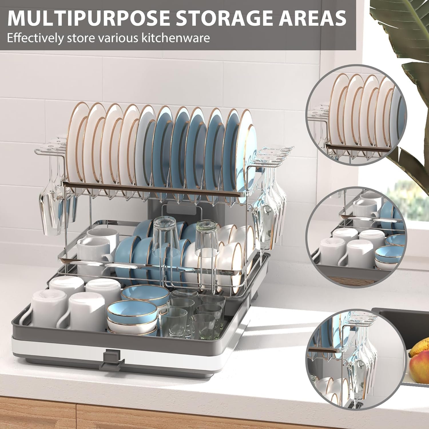 SUSTEAS Dish Drying Rack-Expandable,2 Tier Dish Drying Rack for Kitchen Counter,Large Space-Saving Drying Rack Kitchen,Cups,Utensils,Stainless Steel Dish Drainers for Kitchen Counte,Grey - Image 7