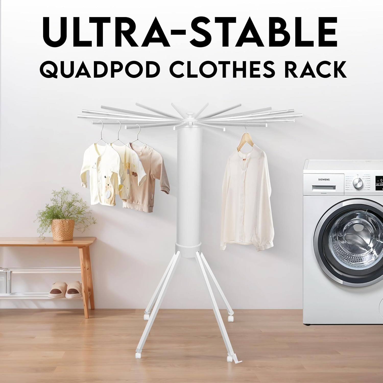 Tripod Modern Clothes Drying Rack, 16 Rods Foldable Drying Rack Clothing for Laundry, 4 Leg with Wheels Collapsible Portable Dryers for Indoor &Outdoor, White & Sliver - Image 3
