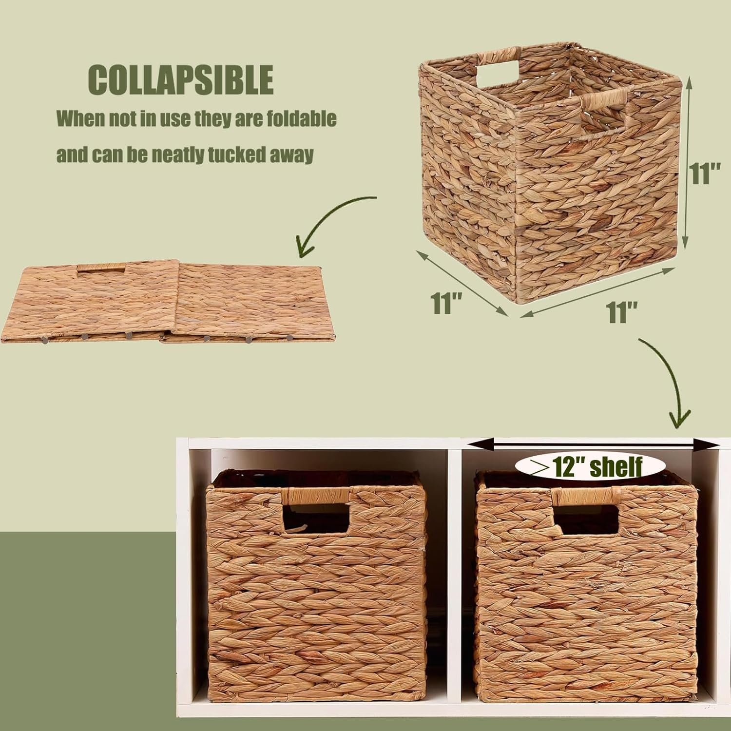 Storage Baskets 11x11inch Cube Baskets 4 pcs Baskets,Foldable Handwoven Water Hyacinth Laundry Organizer,Cube Storage Baskets - Image 3