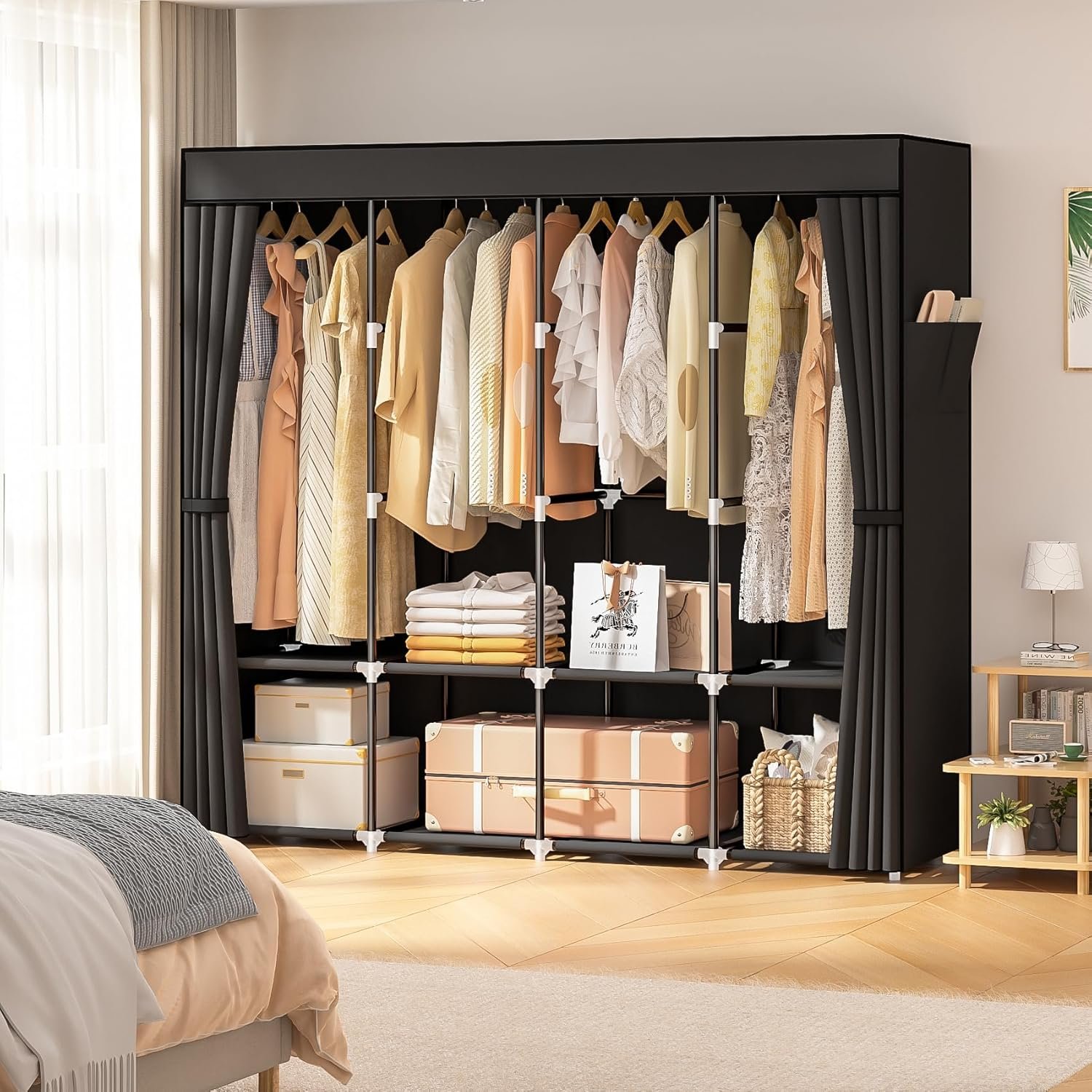 Wardrobe Closet, 66 Inch Portable Closet for Hanging Clothes, Large Capacity Clothes Rack Organizer with Cover & 4 Hanging Rods & 8 Storage Shelves & 2 Side Pockets (Black) - Image 3