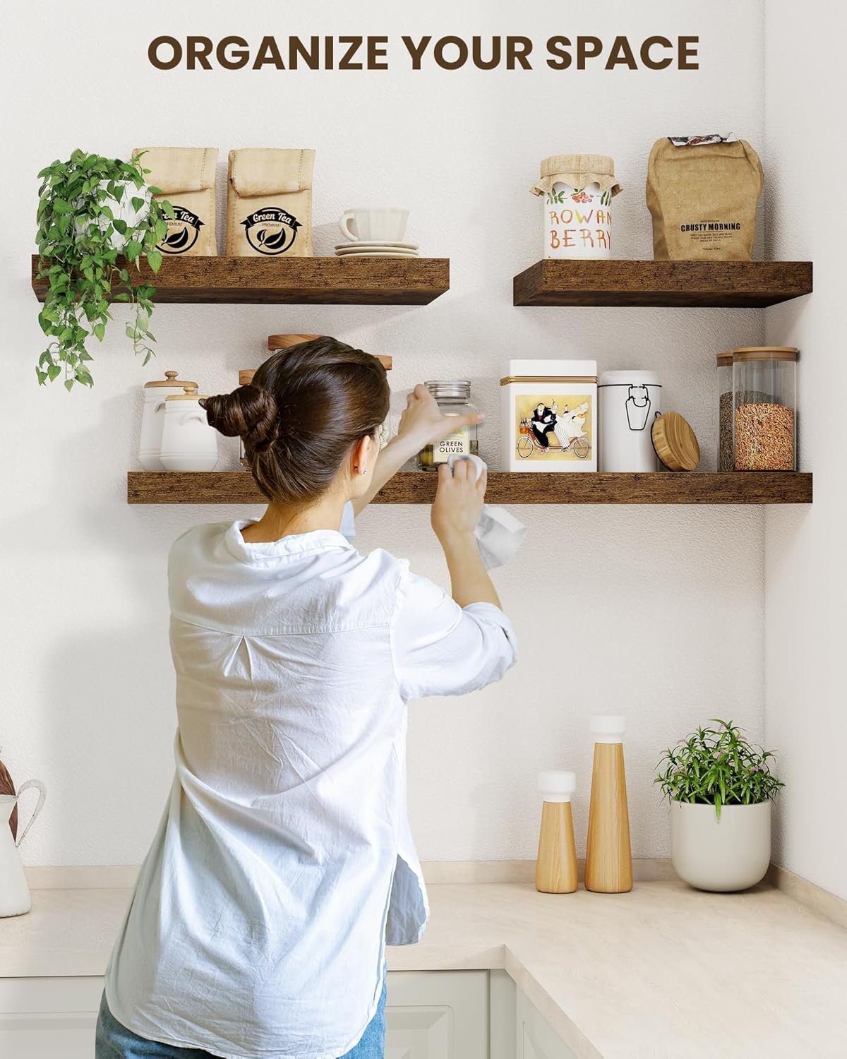 Marsmiles 30" Floating Shelves for Wall, Wooden Shelves with Invisible Brackets Set of 2, Rustic Farmhouse Wall Mounted Shelf for Kitchen Bathroom Living Room Study, Rustic Brown - Image 6