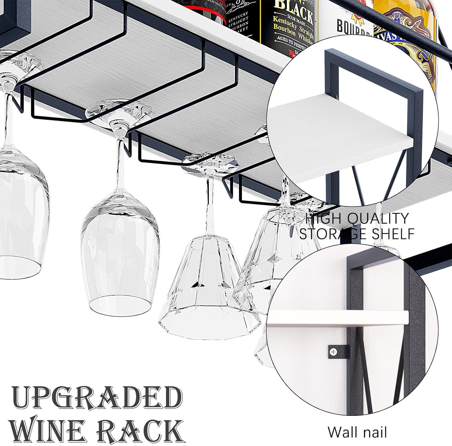 Dokser Wine Rack Wall Mounted 2 Tier Shelf, Wall Wine Rack with Rustic Wood & Industrial Iron Frame, Wine Bottle Holder for Kitchen, Dining Room, Home Bar Decor (White) - Image 4