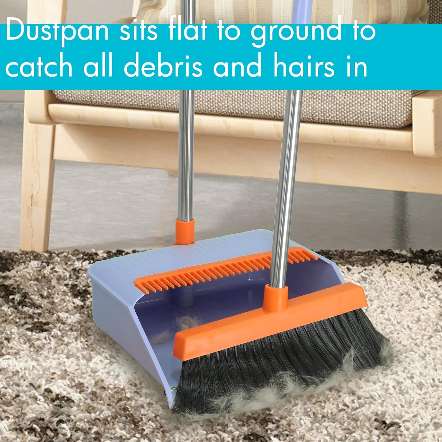 PHYEX 2-Pack Broom and Dustpan Set for Sweeping Indoor, Broom Dustpan with 48" Long Handle, Broom with Dustpan Combo Set(Purple) - Image 5