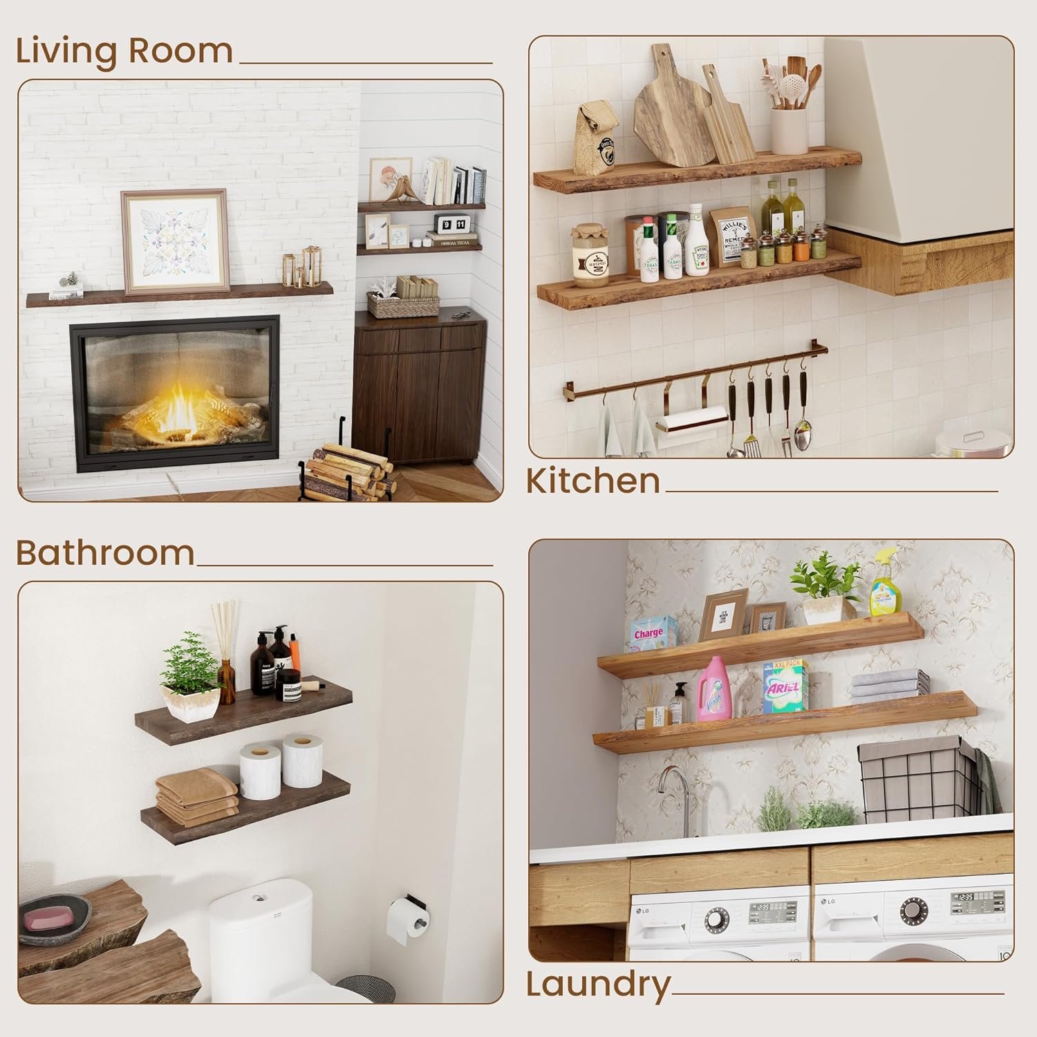 Floating Shelves for Wall Decor, Rustic Solid Elm Wood Live Edge Floating Shelves Wall Mounted, Wall Shelves with Invisible Bracket for Living Room Bathroom Bedroom Kitchen, 24 Inch Set of 2, Natural - Image 8