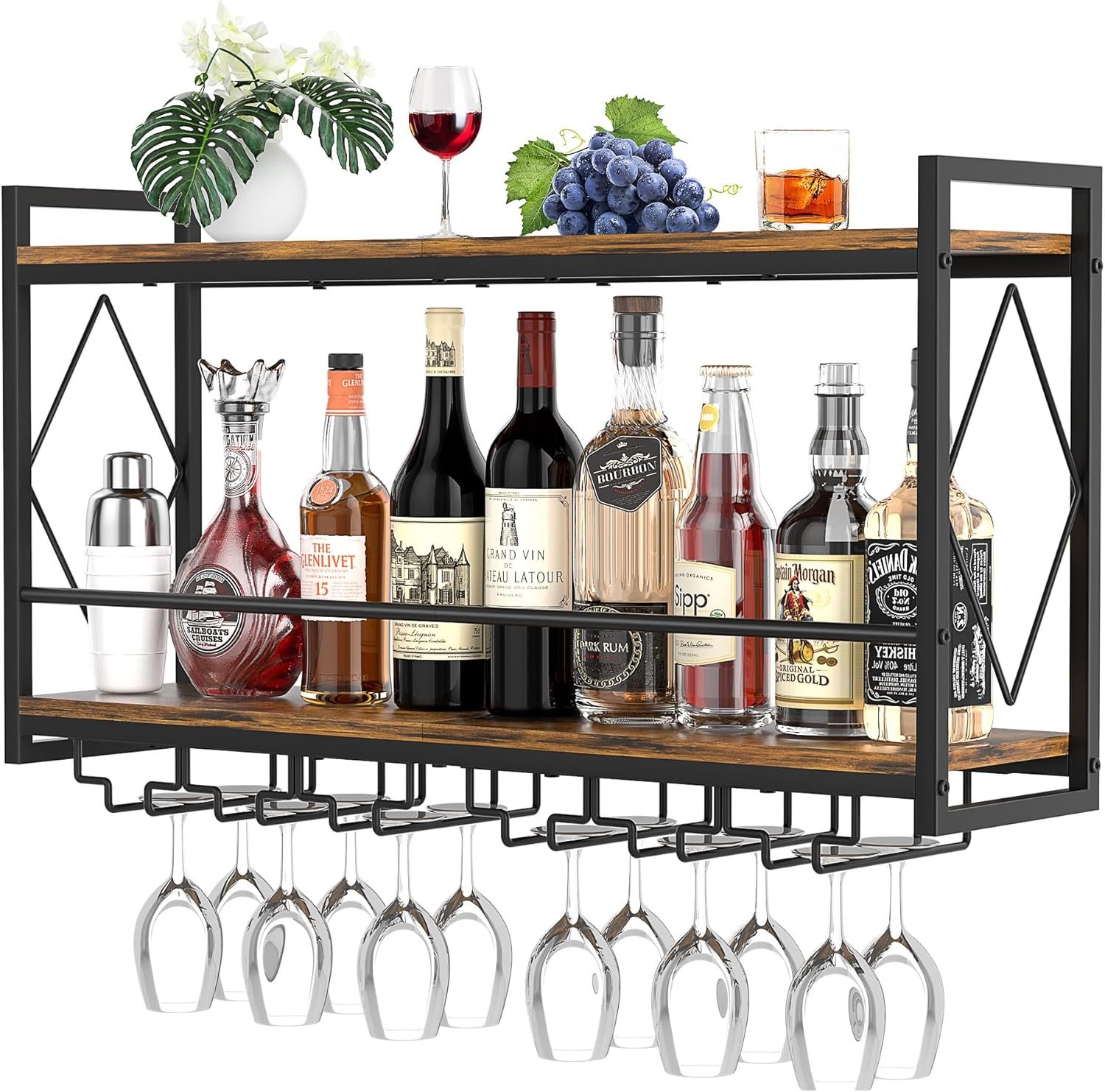 Nidouillet Wall Mounted Wine Rack with LED Light, 31.5" Bar Liquor Shelves with Glass Holder, Metal Hanging Bar Shelves Wine Storage Rack Display for Kitchen Home Bar Dining Room Living Room - Image 2