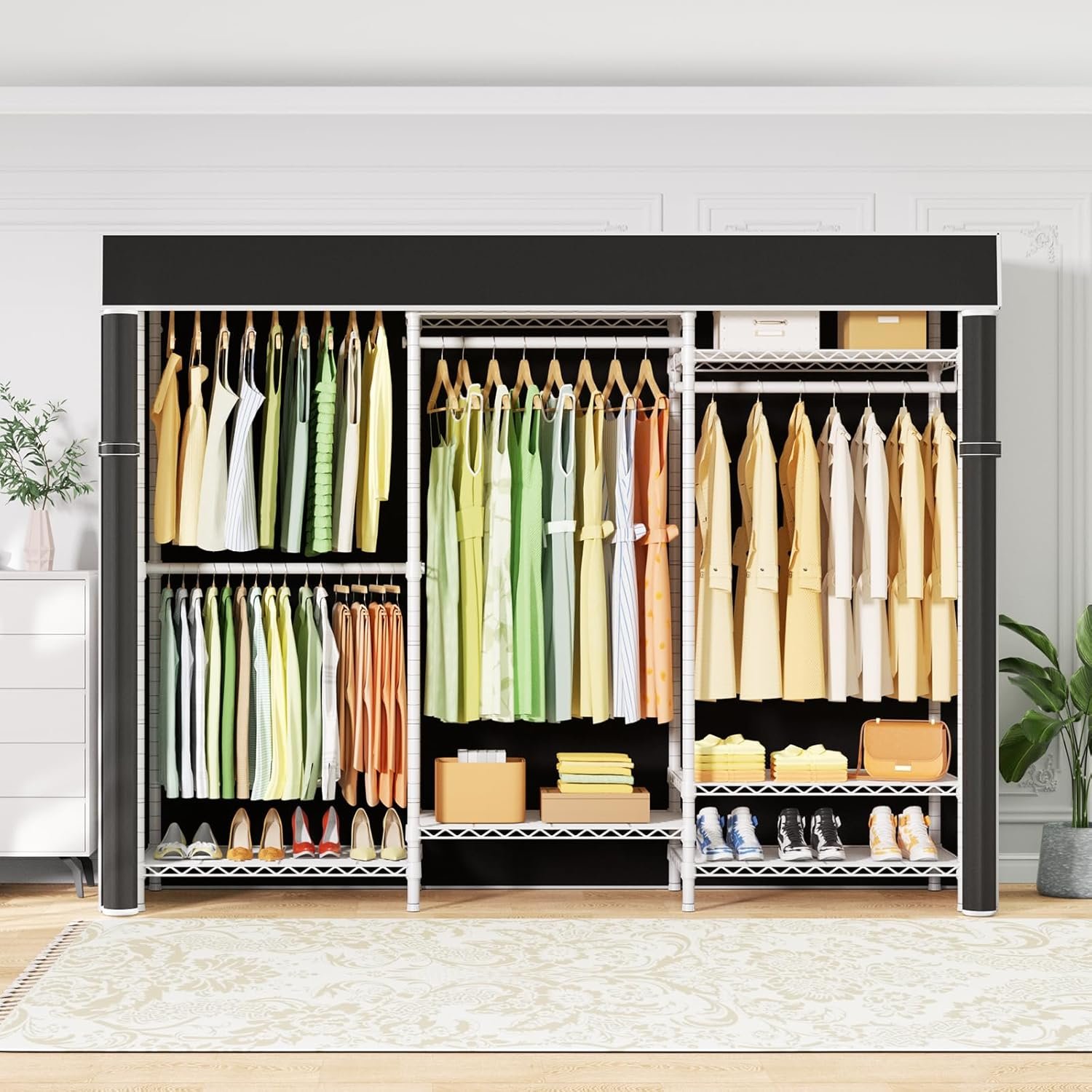 Ulif E13C Heavy Duty Closet Organizer System,Freestanding Clothing Racks for Hanging Clothes,Adjustable Garment Rack 63" W x 16" D x 77" H Hold 960 lbs,White Clothing Rack with Black Dustproof Cover - Image 9