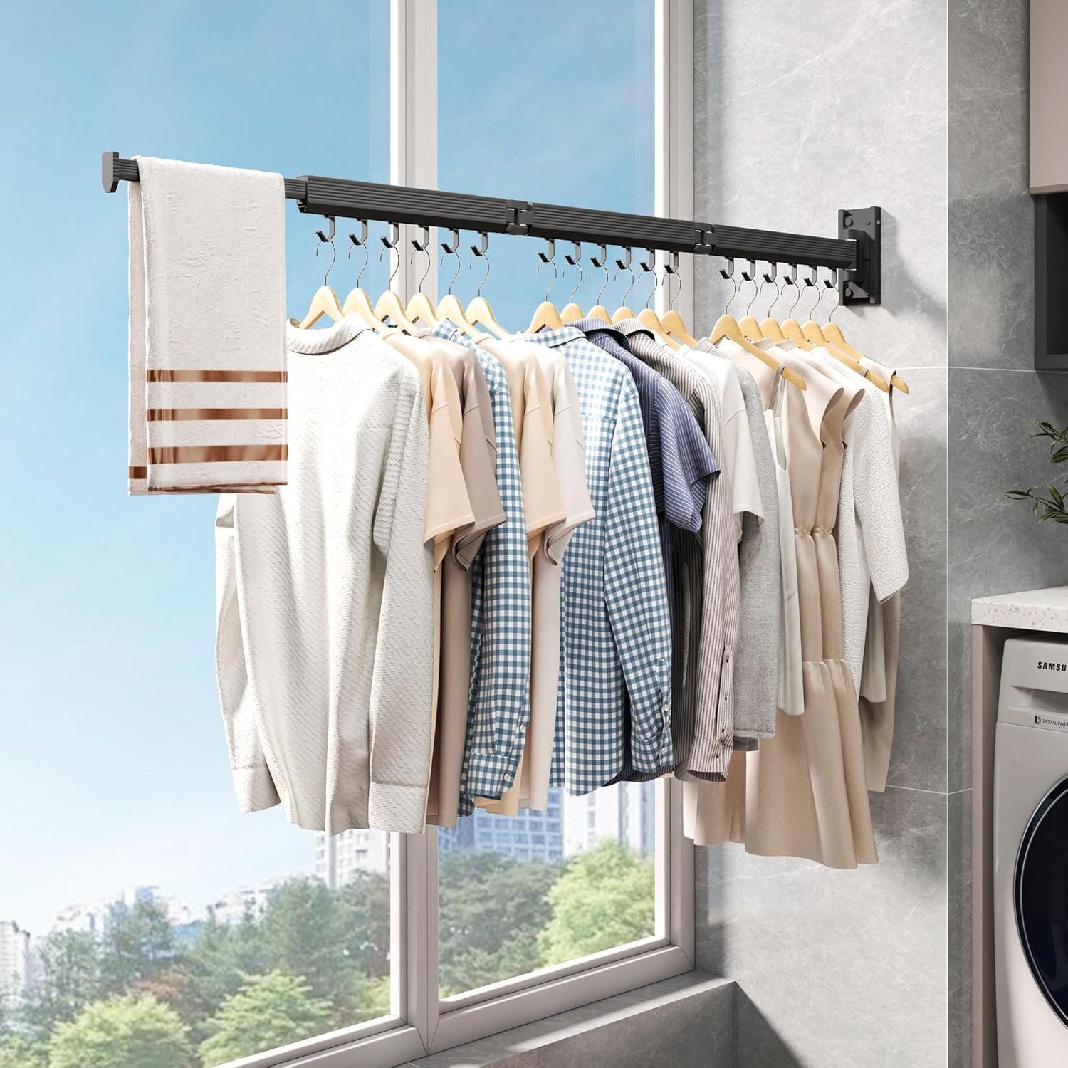 Wall Mounted Clothes Drying Rack, Collapsible Laundry Drying Rack, Retractable Foldable Drying Rack Clothing for Hanging Clothes - Image 3