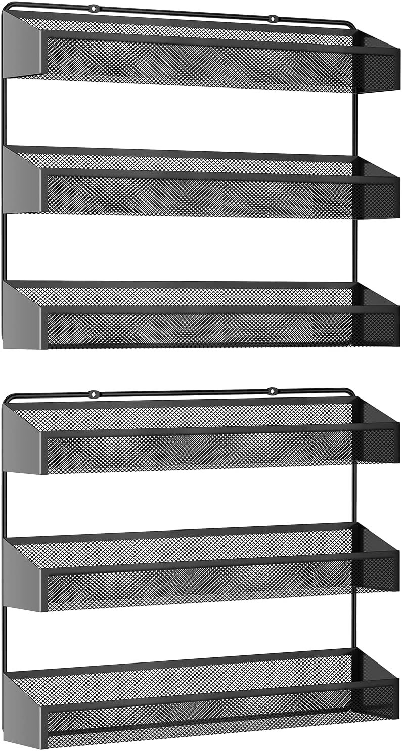 AULEDIO 2 Pack Spice Rack Organizer, 3 Tier Counter-top Stand or Wall Mounted Storage Rack Hanging Shelf for Kitchen Cabinet, Cupboard, Pantry Door Bathroom Shower Cosmetic (Black) - Image 3