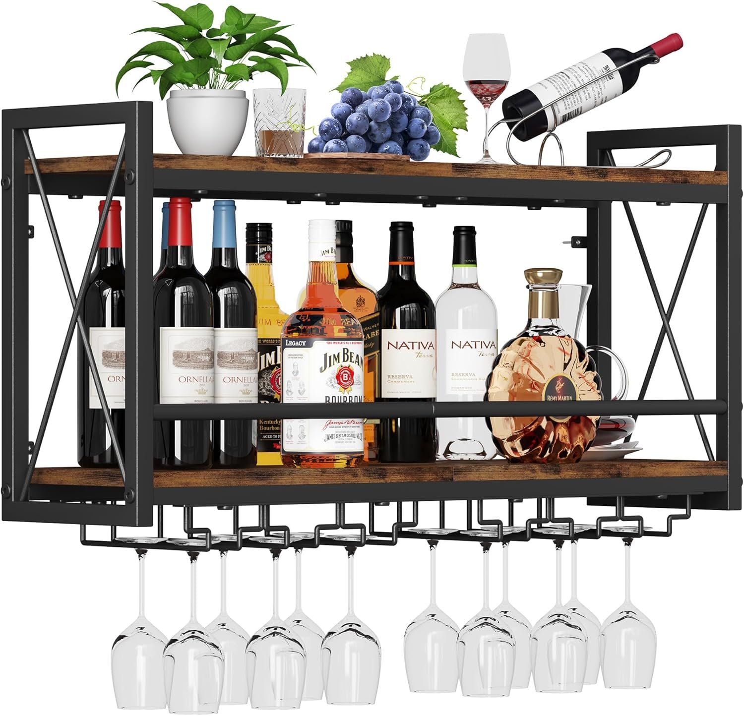 Homeiju Wall Mounted Wine Rack, Bottle & Glass Holder Wood-Metal Retro Wine Rack, Wine Bottles Display Wall Storage for Kitchen Dining Room Home Bar - Image 3