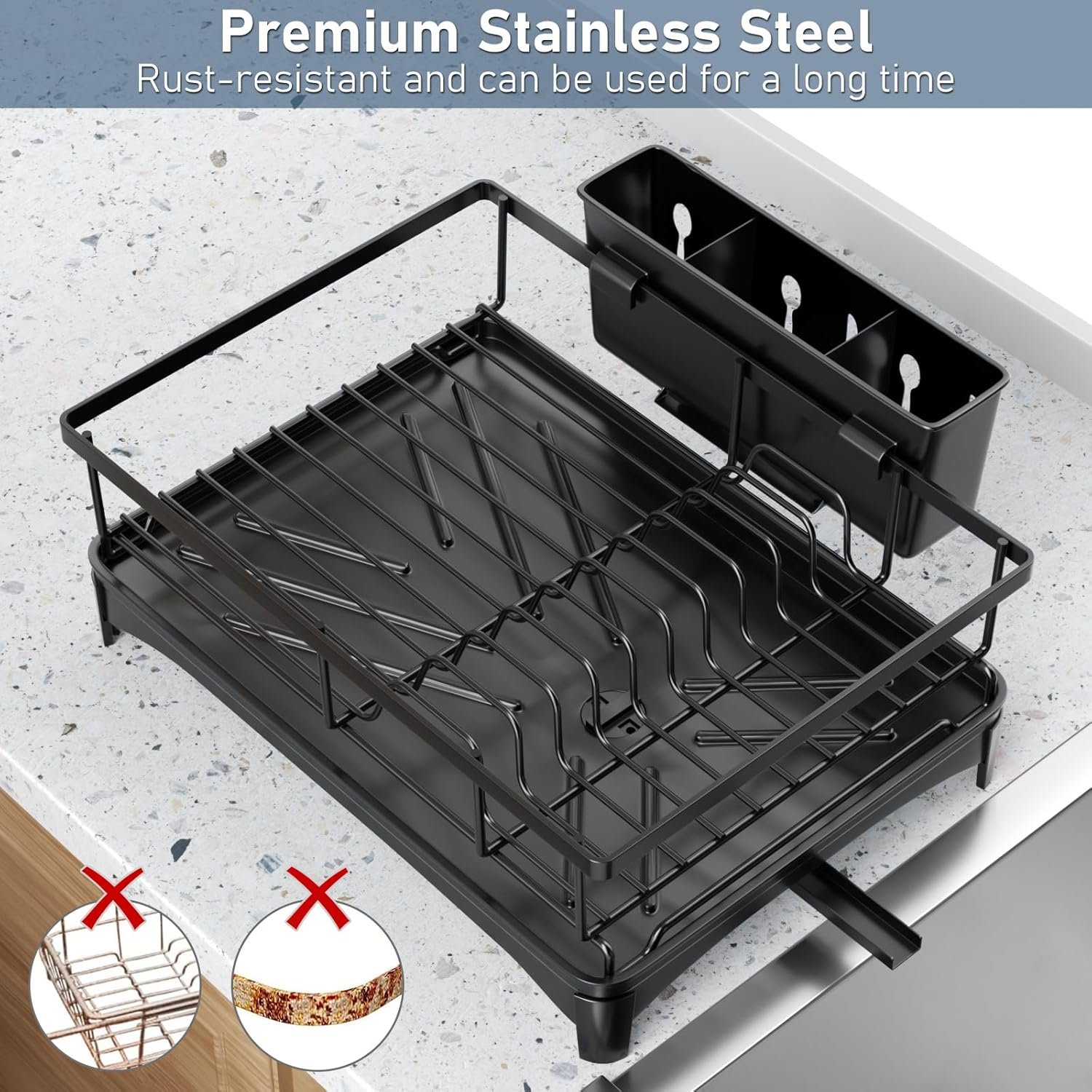 Black Stainless Steel Dish Drying Rack for Kitchen Counter, Space-Saving Dish Drainer with Drainboard, Utensil Holder & Collapsible Design - Image 7