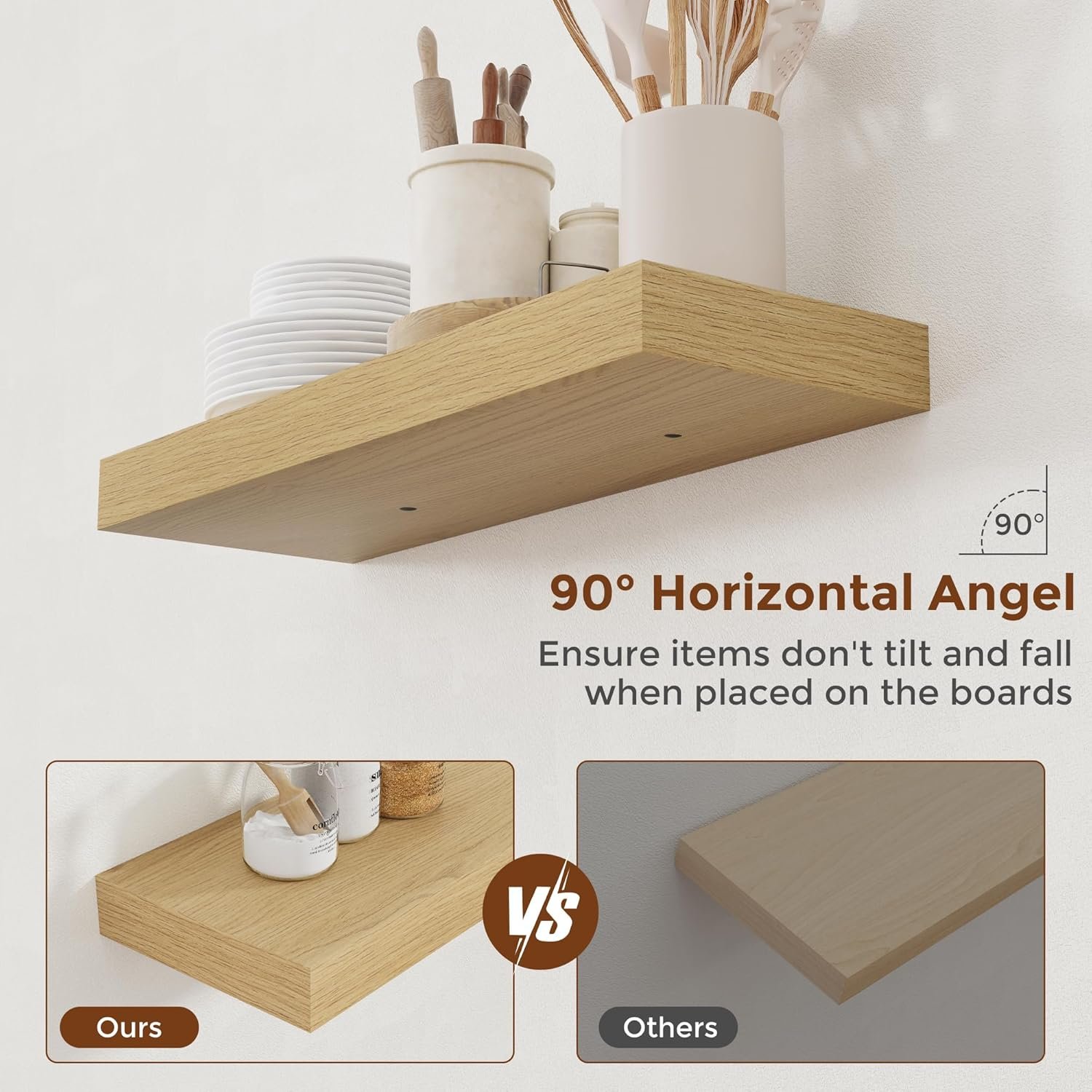 Heimlove 24 Inch Floating Shelves for Wall Oak Shelves Set of 2,Wall Mounted Rustic Wood 8 Inch Deep Floating Shelf with Invisible Brackets for Bedroom Kitchen Living Room - Image 5