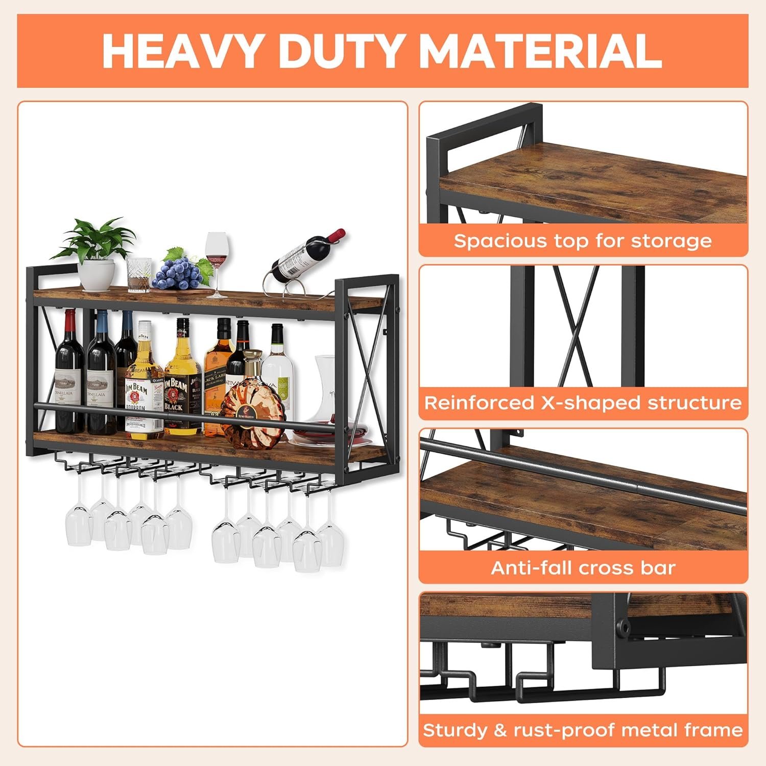 Homeiju Wall Mounted Wine Rack, Bottle & Glass Holder Wood-Metal Retro Wine Rack, Wine Bottles Display Wall Storage for Kitchen Dining Room Home Bar - Image 6